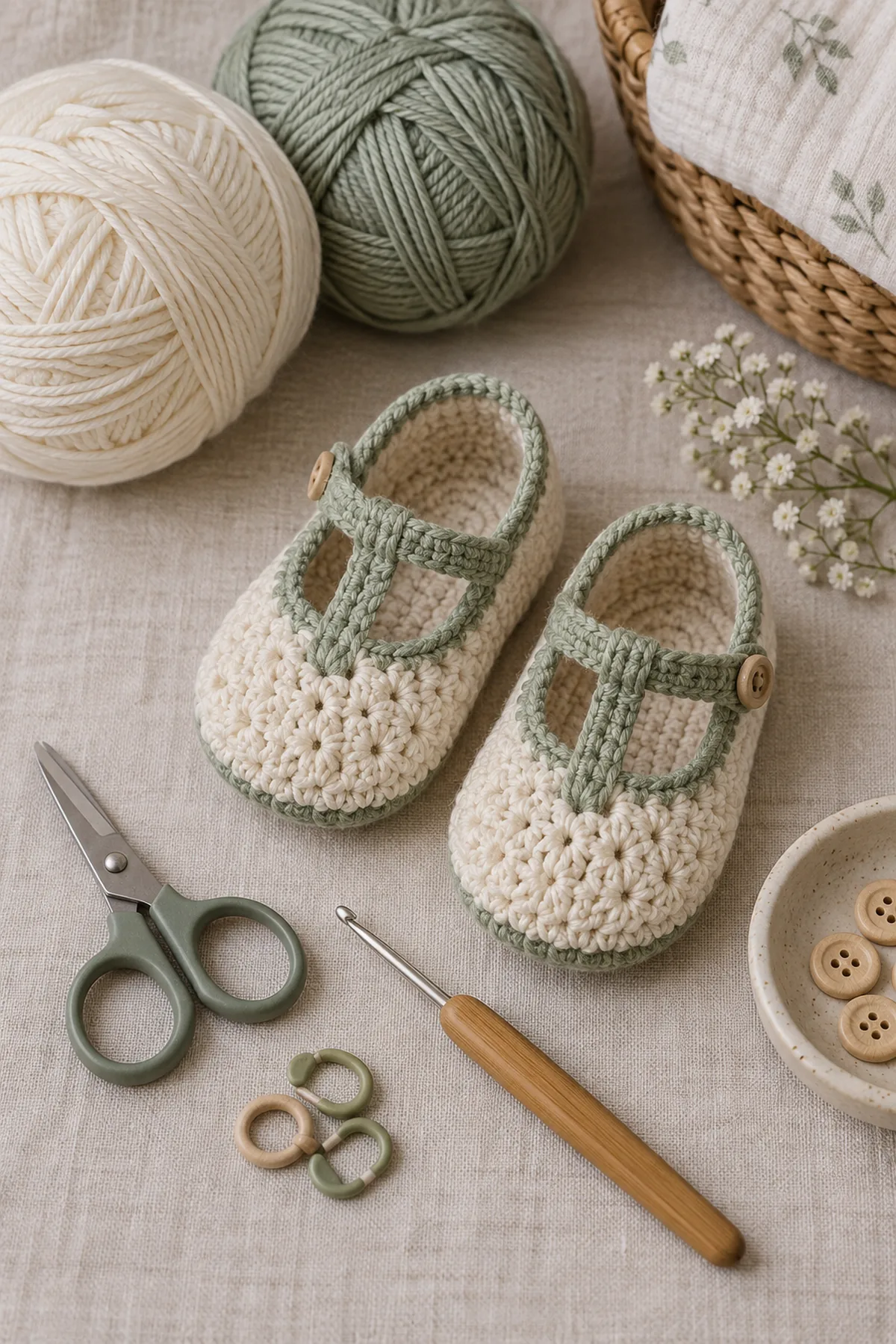 Baby-friendly yarn, crochet hook, stitch markers, tape measure, yarn needle, and scissors for textured t-strap baby shoes