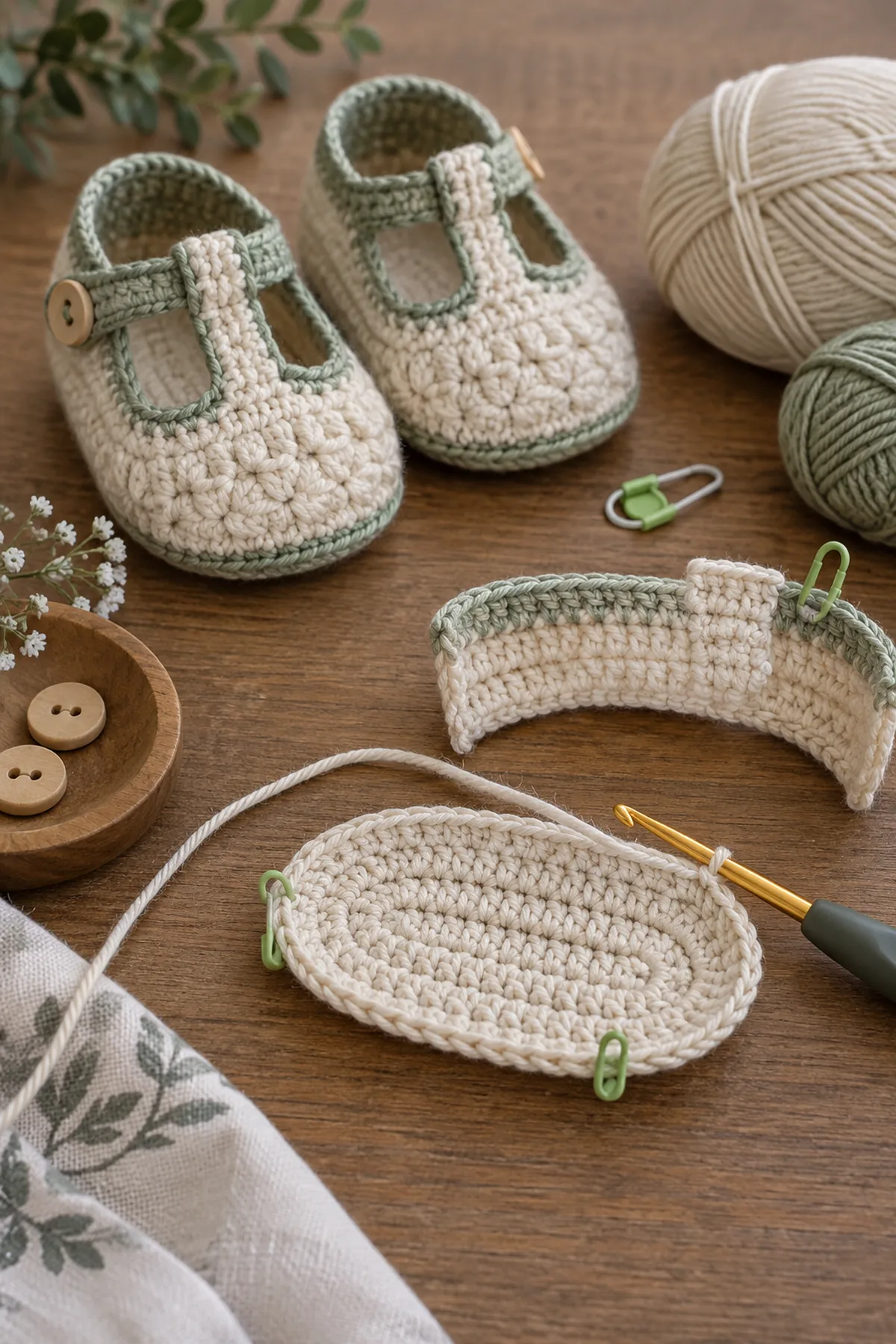 Early counted crochet stage of textured t-strap baby shoes with matching yarn and hook