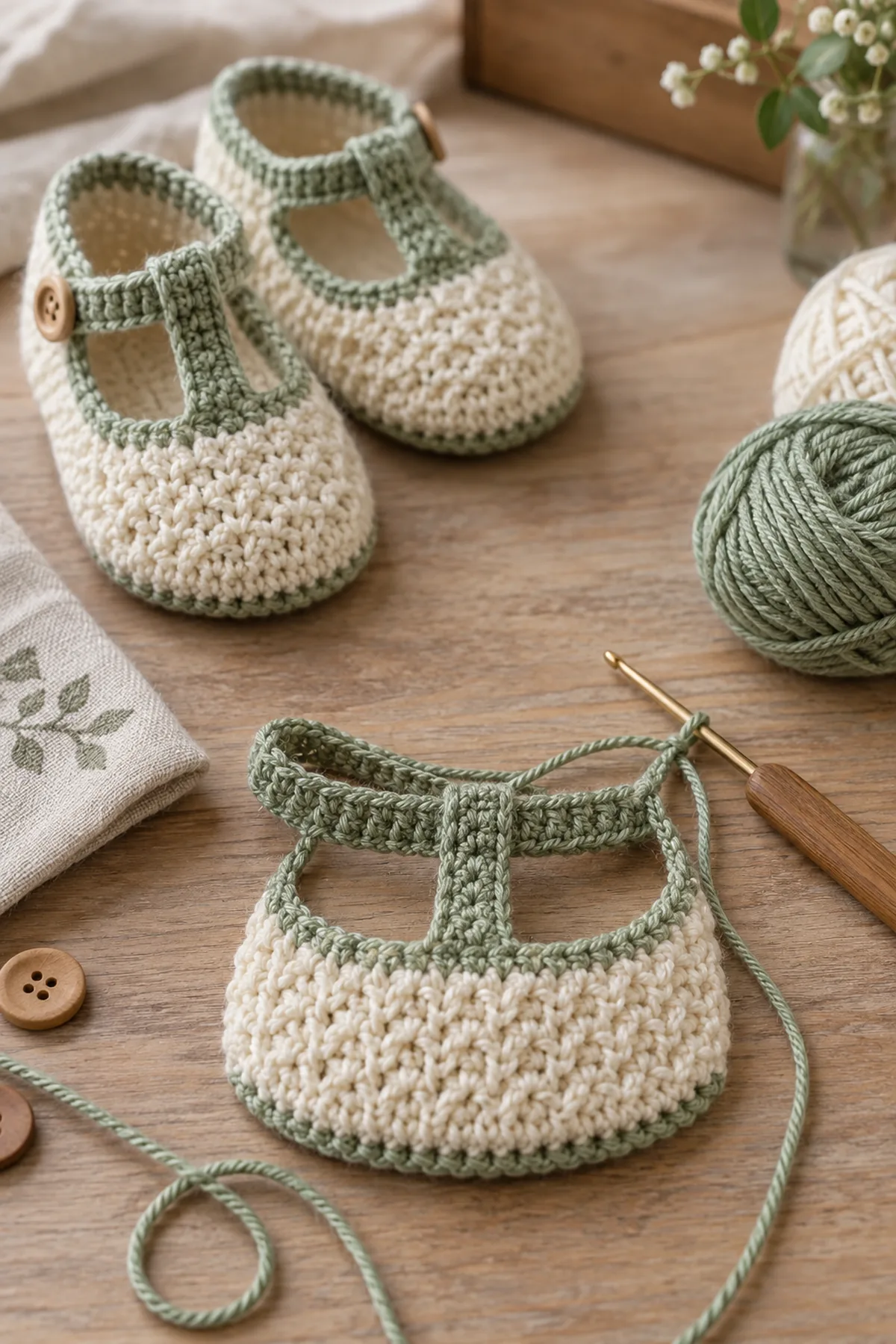Mid-process construction of textured t-strap baby shoes showing the established shape