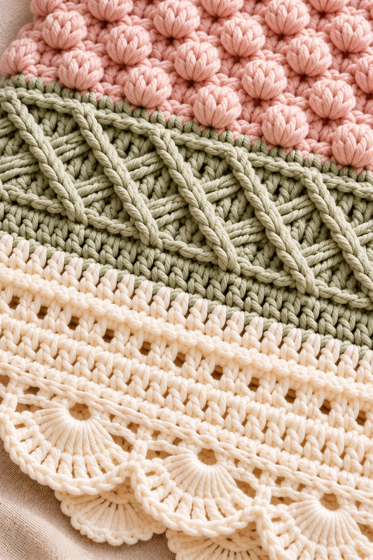 Macro of blush puff stitches meeting sage crossed-post ridges and ivory eyelets, with even color joins and visible yarn texture.