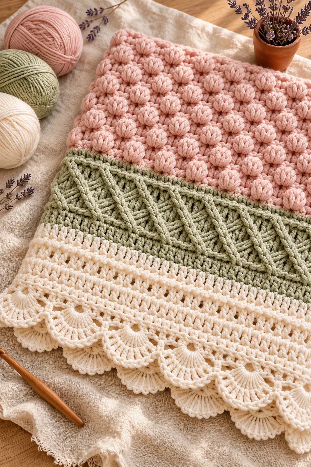 Finished soft three-color crochet baby blanket folded on cream linen: blush puff-texture upper section, muted sage crossed-ridge middle band, warm ivory openwork lower section and ivory scalloped shell border; no text.