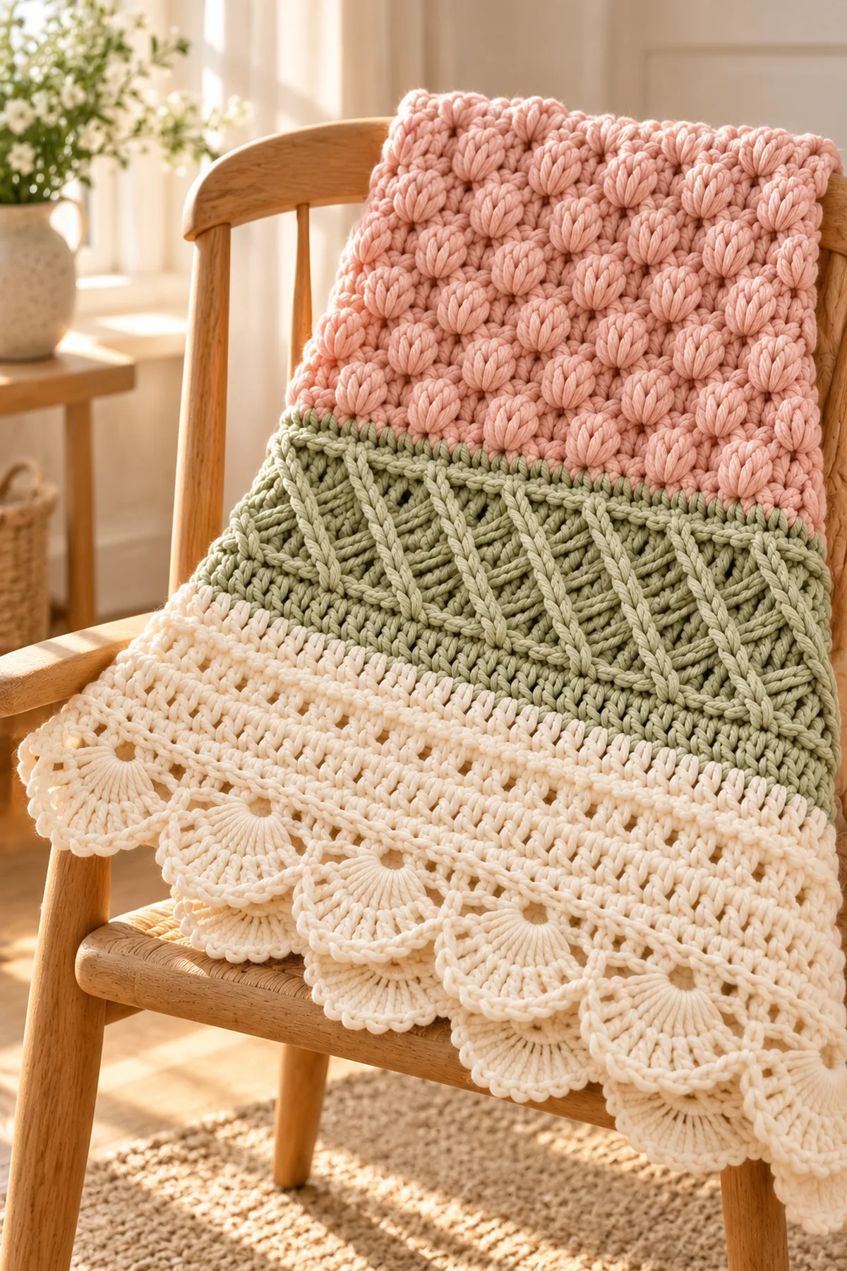 Finished blush sage and ivory sampler baby blanket draped over a neutral wooden chair in soft daylight, no baby or crib.