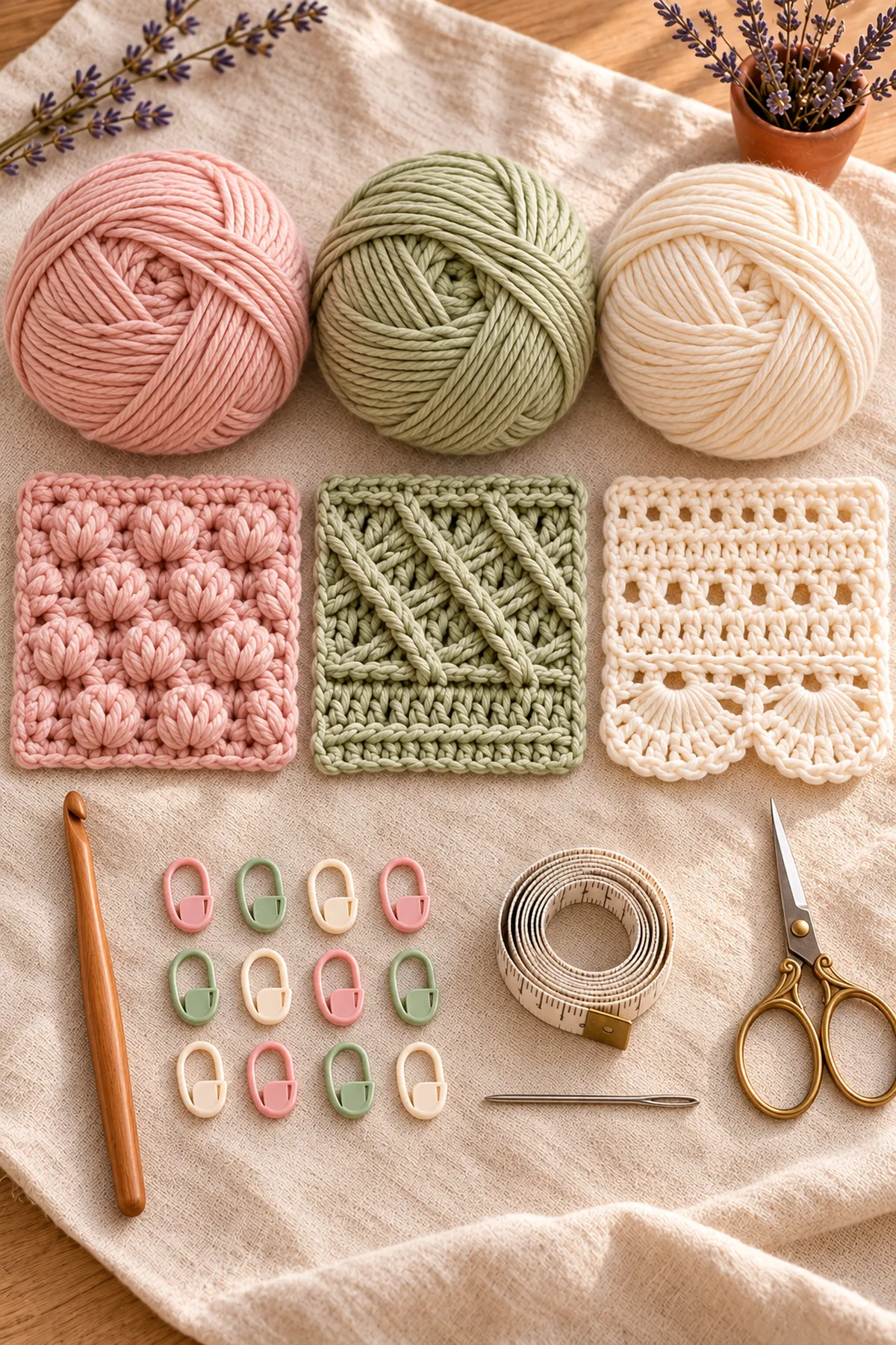 Blush, muted sage and warm ivory worsted washable yarn with 5 mm hook, markers, tape, needle and three labeled gauge swatches; no finished blanket.