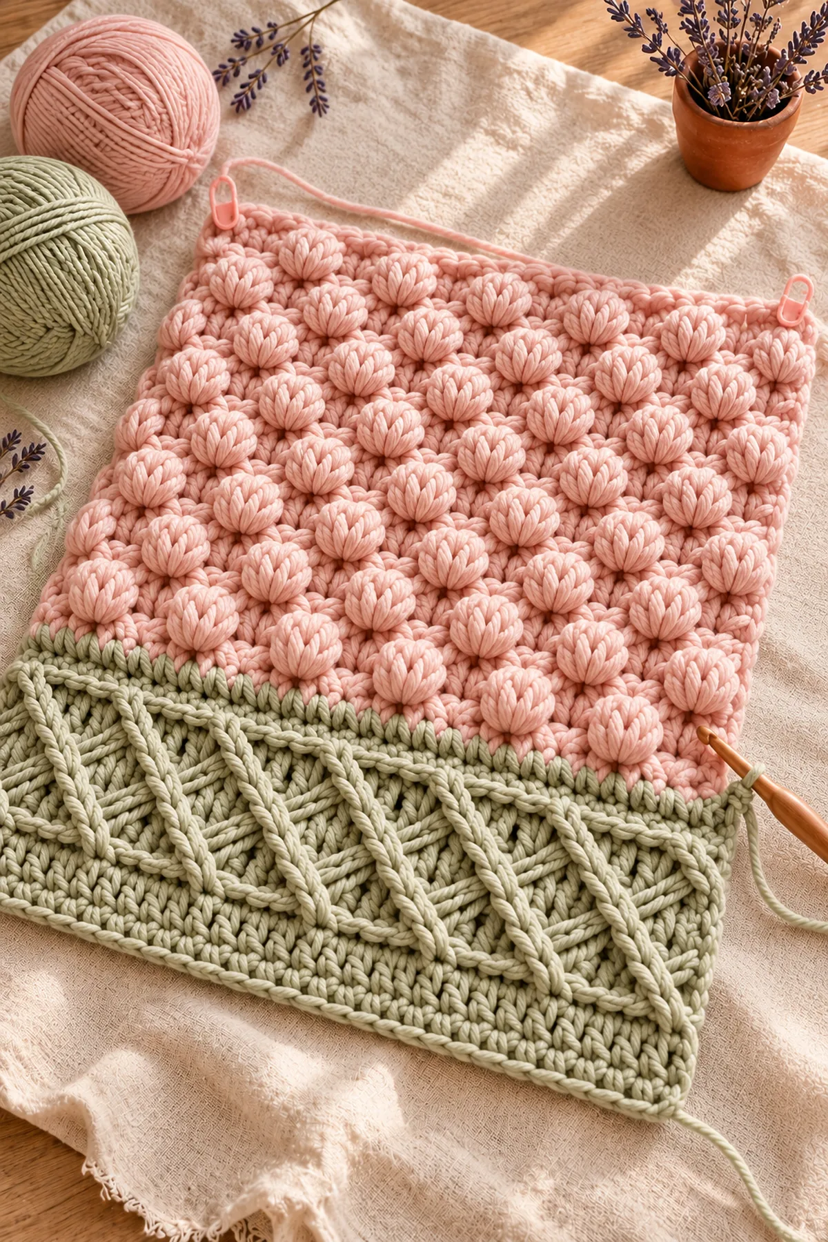 Blanket in progress showing full 90-stitch blush puff section and first sage ridge rows, with edge markers and working hook.
