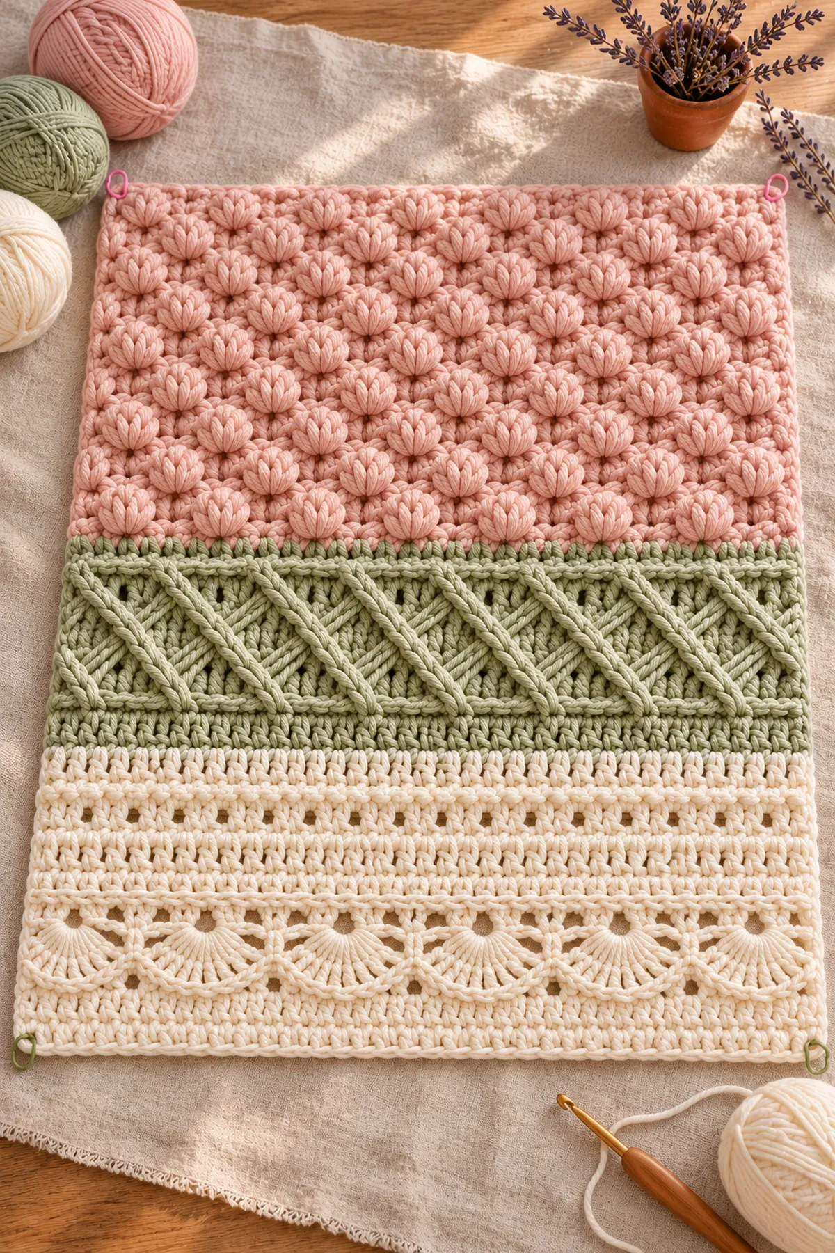 Three-color blanket body completed before border, showing blush puffs, sage crossed ridges and ivory openwork aligned in horizontal bands.
