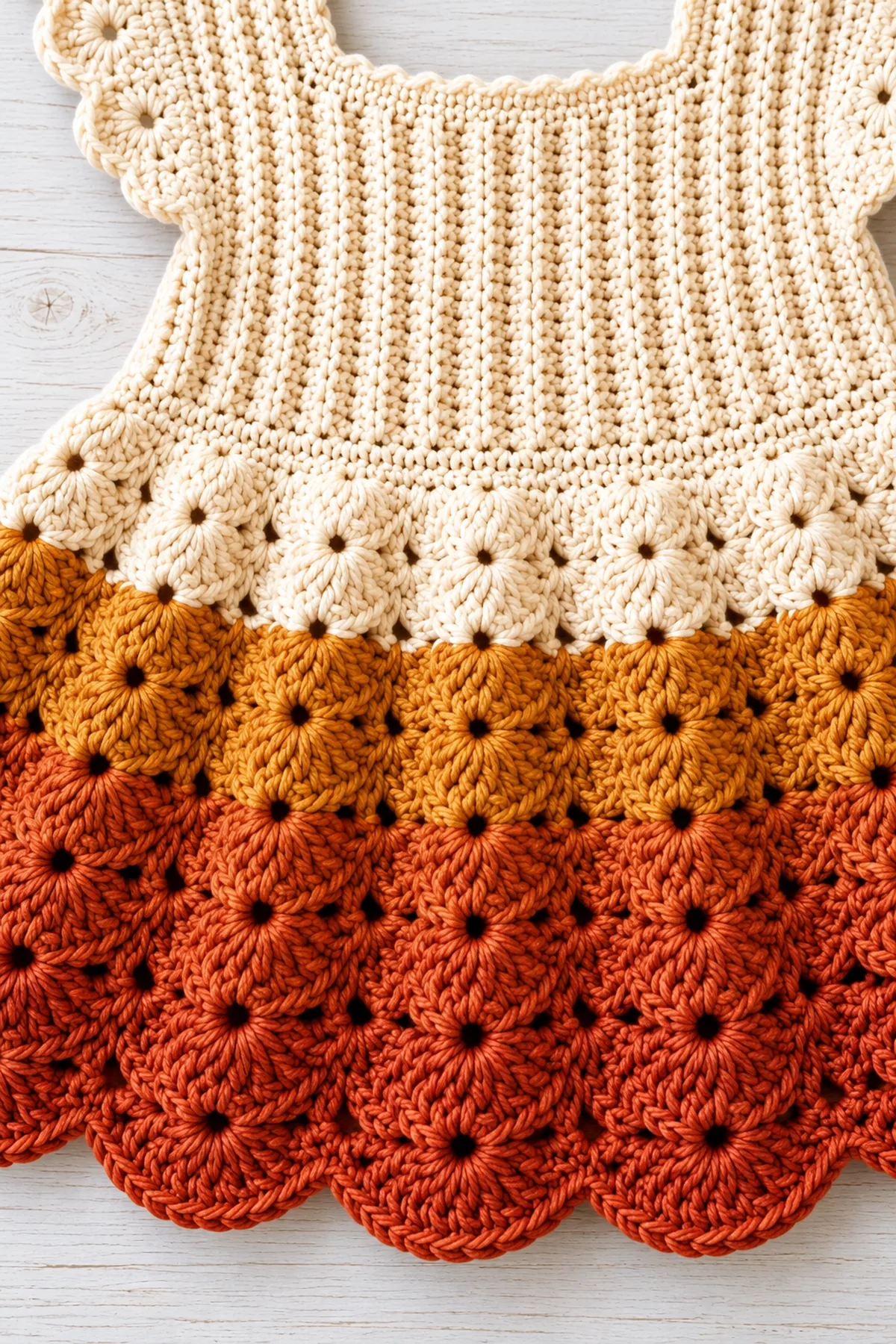 Macro of cream ribbed bodice seam meeting ochre and rust six-position shell repeats, with clean color changes and visible stitch structure.