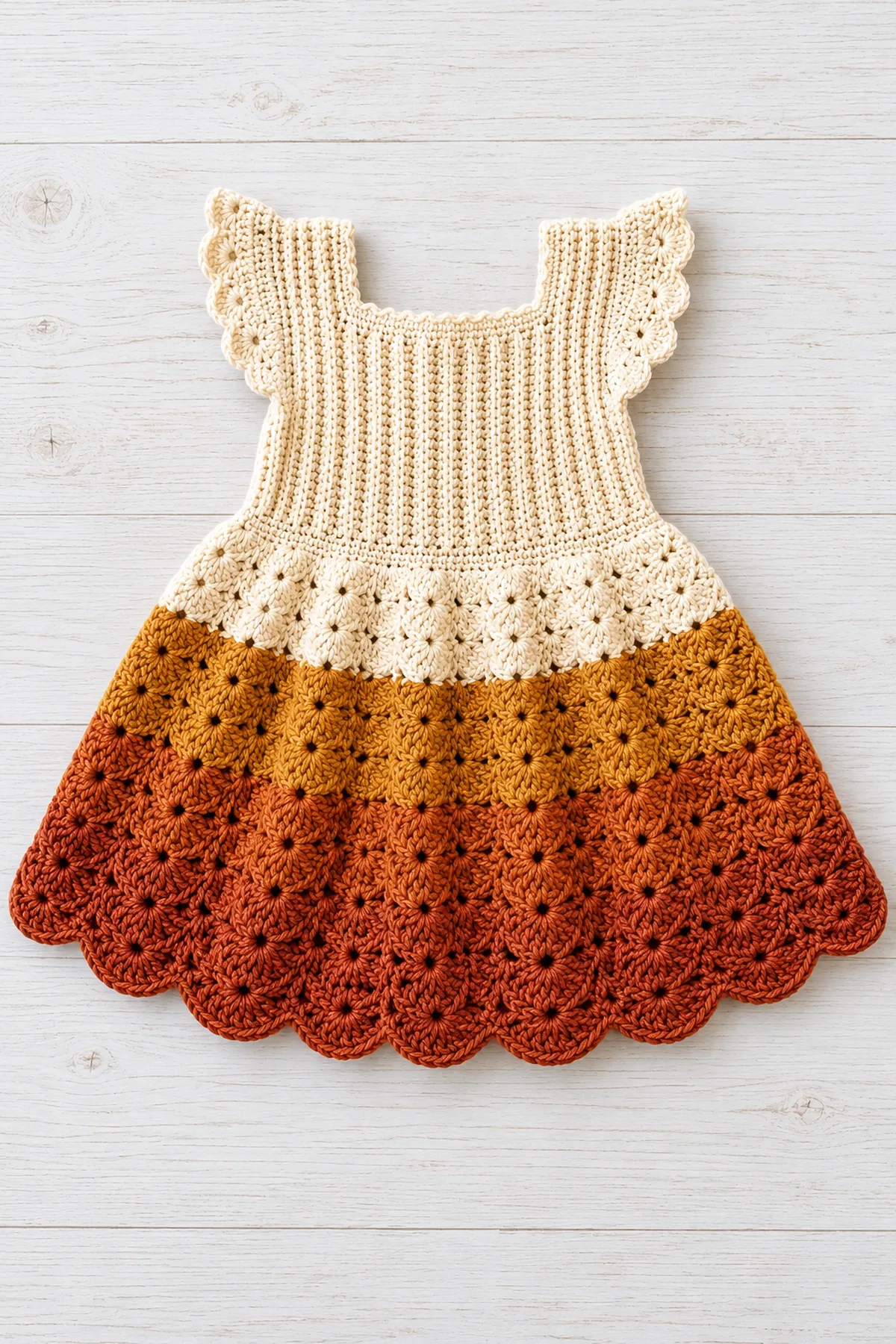 Finished original autumn baby dress laid flat: cream vertical-rib-look bodice with square neckline and small fan cap sleeves, flared shell skirt grading cream to ochre to rust, scalloped hem; no text.