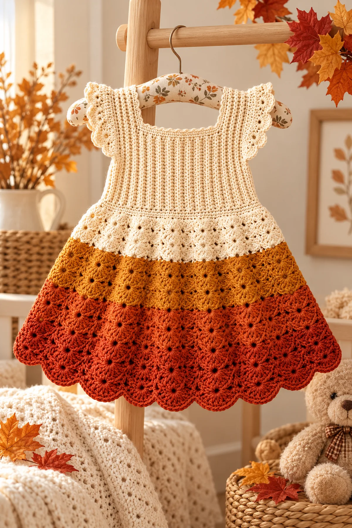 Completed cream ochre rust gradient baby dress displayed on a padded child-size hanger against warm autumn decor, no child or text.