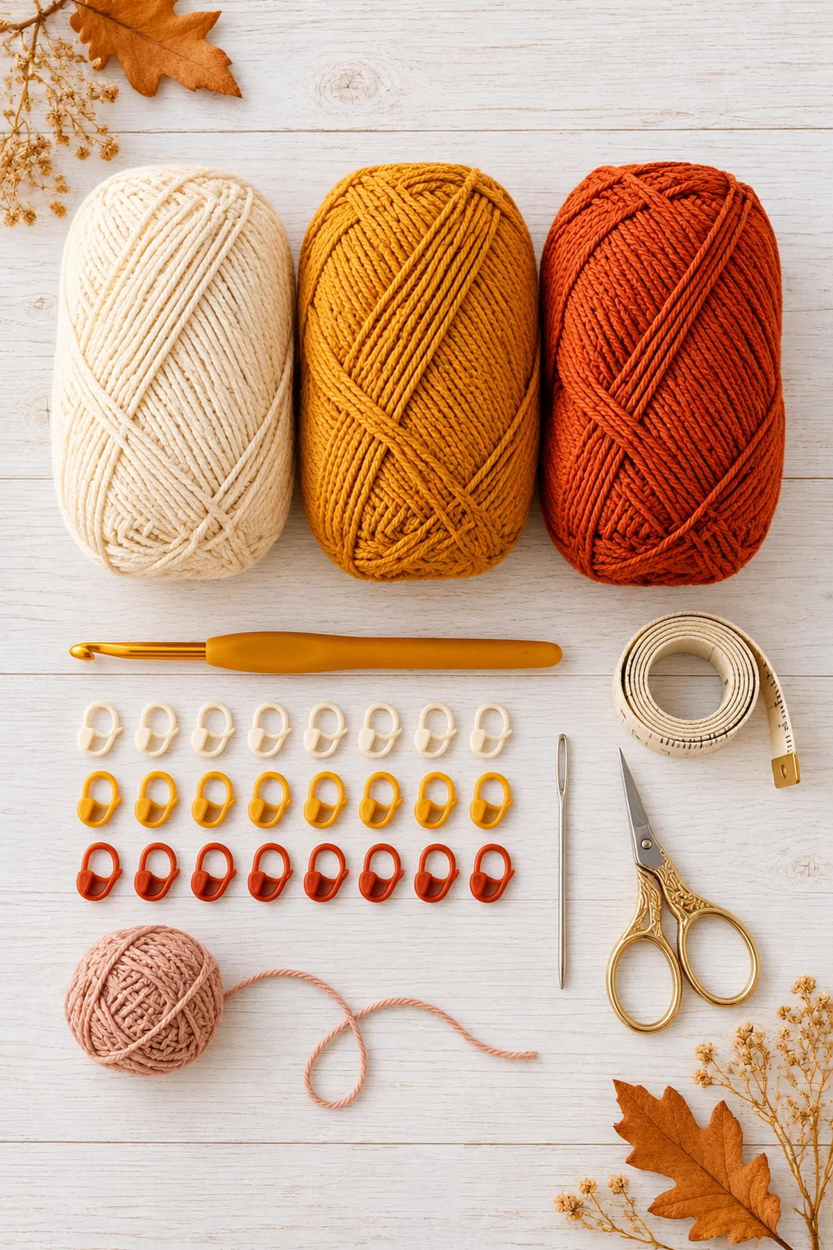 Cream ochre and rust DK washable yarn, 4 mm hook, markers, tape, needle and basting yarn on pale wood; no finished dress.