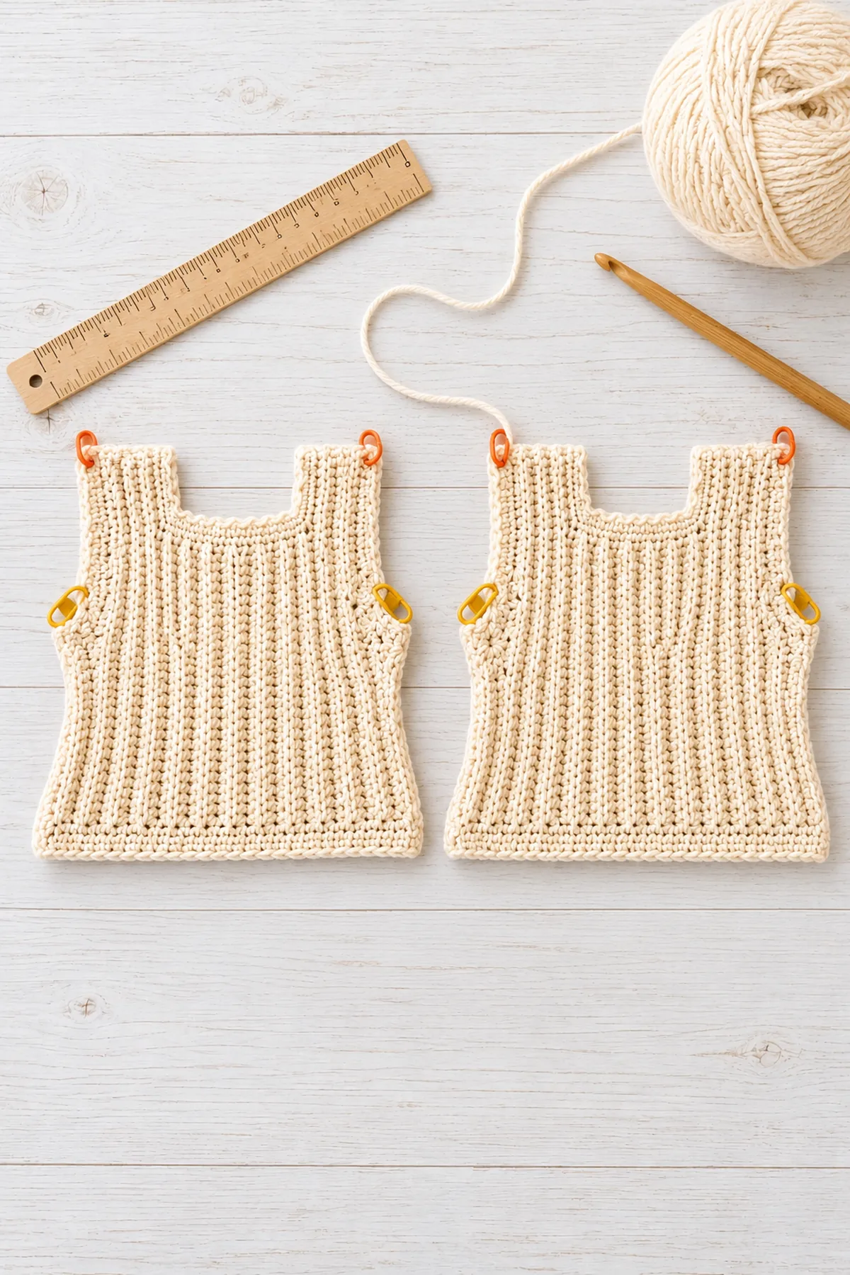 Two matching cream 24-stitch by 42-row BLO ribbed bodice rectangles with shoulder and armhole markers before seaming.