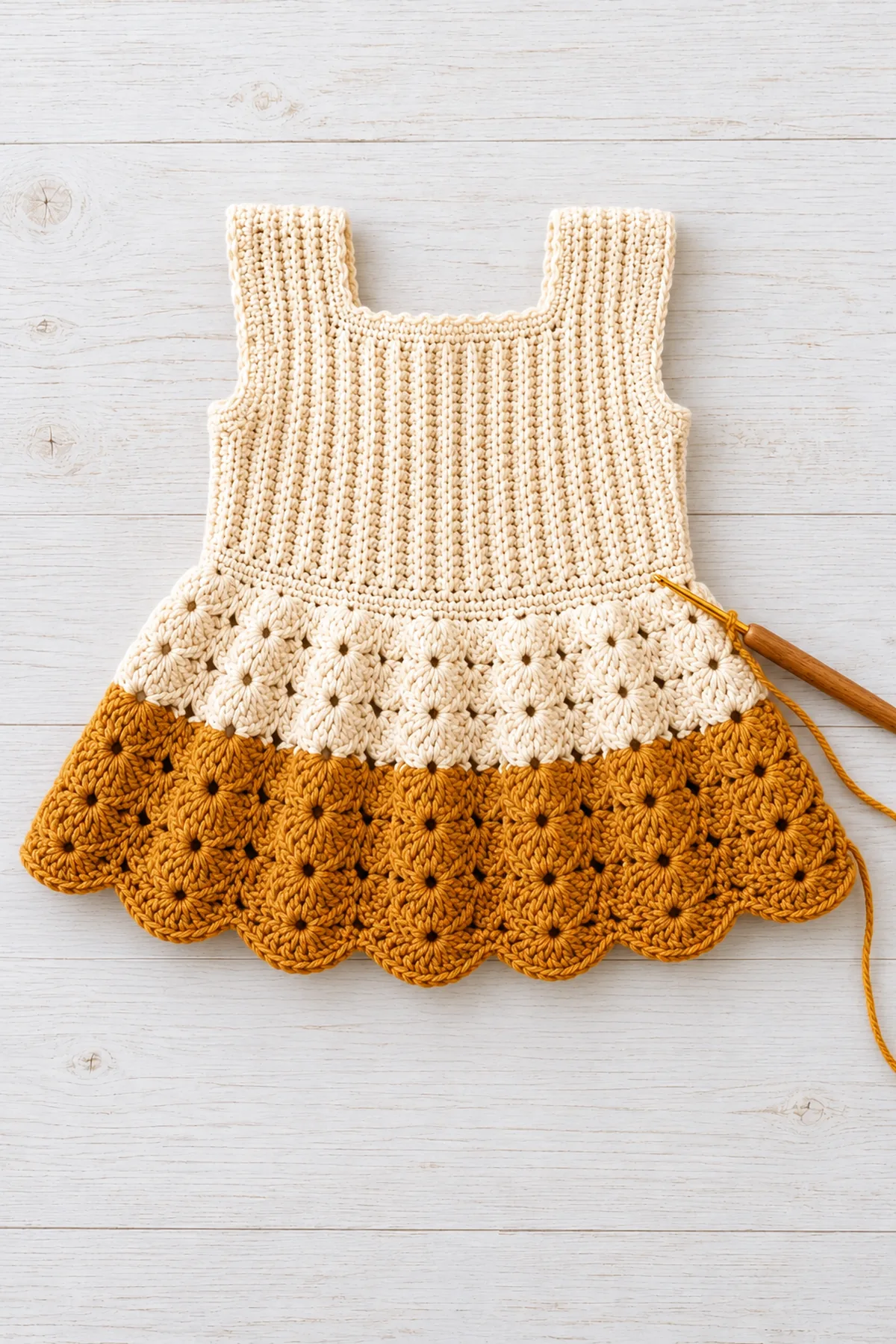 Joined cream bodice with 96-stitch waist and cream-to-ochre shell skirt in progress before rust lower band and sleeves.