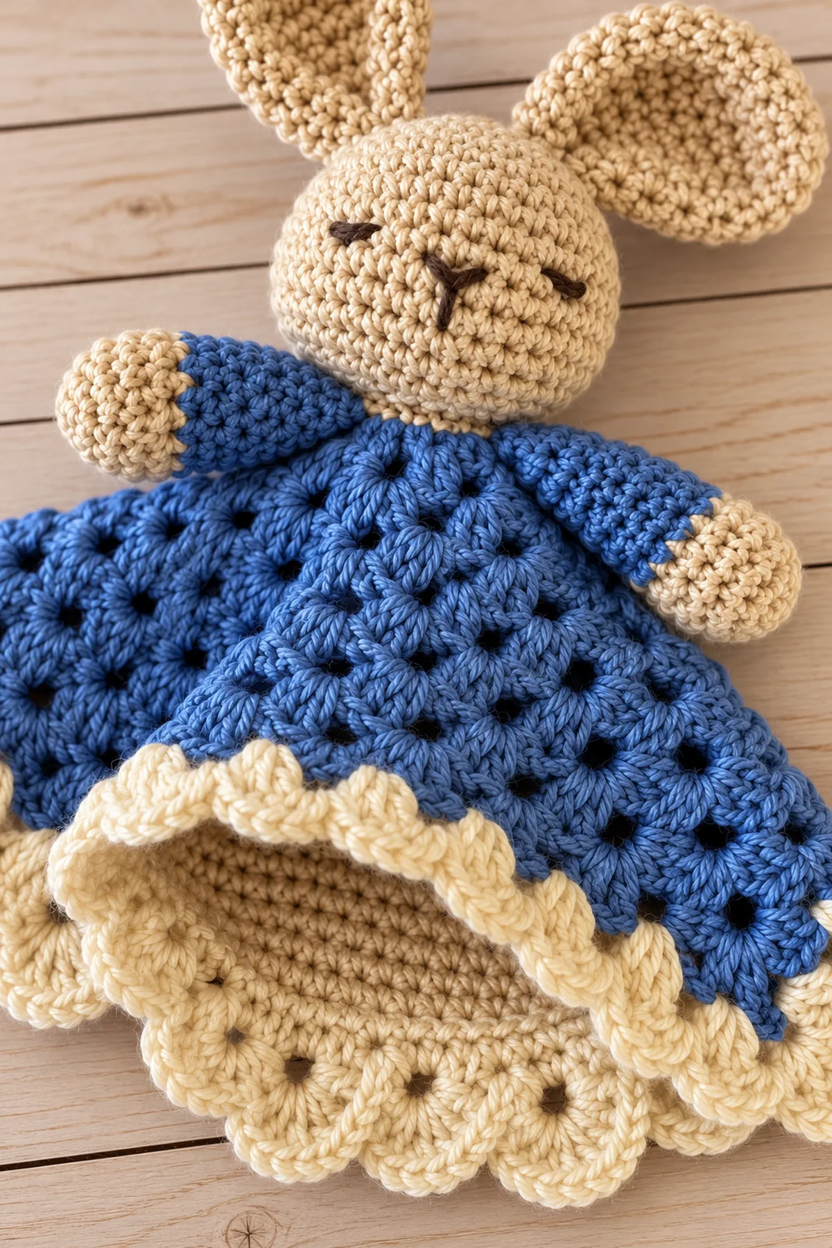 Close view of stitches and finishing on blue cluster bunny puppet lovey – free crochet pattern