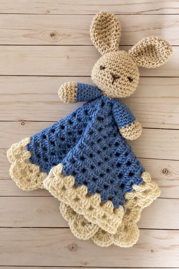 Oatmeal crochet bunny puppet attached to a denim blue cluster lovey with cream scalloped border