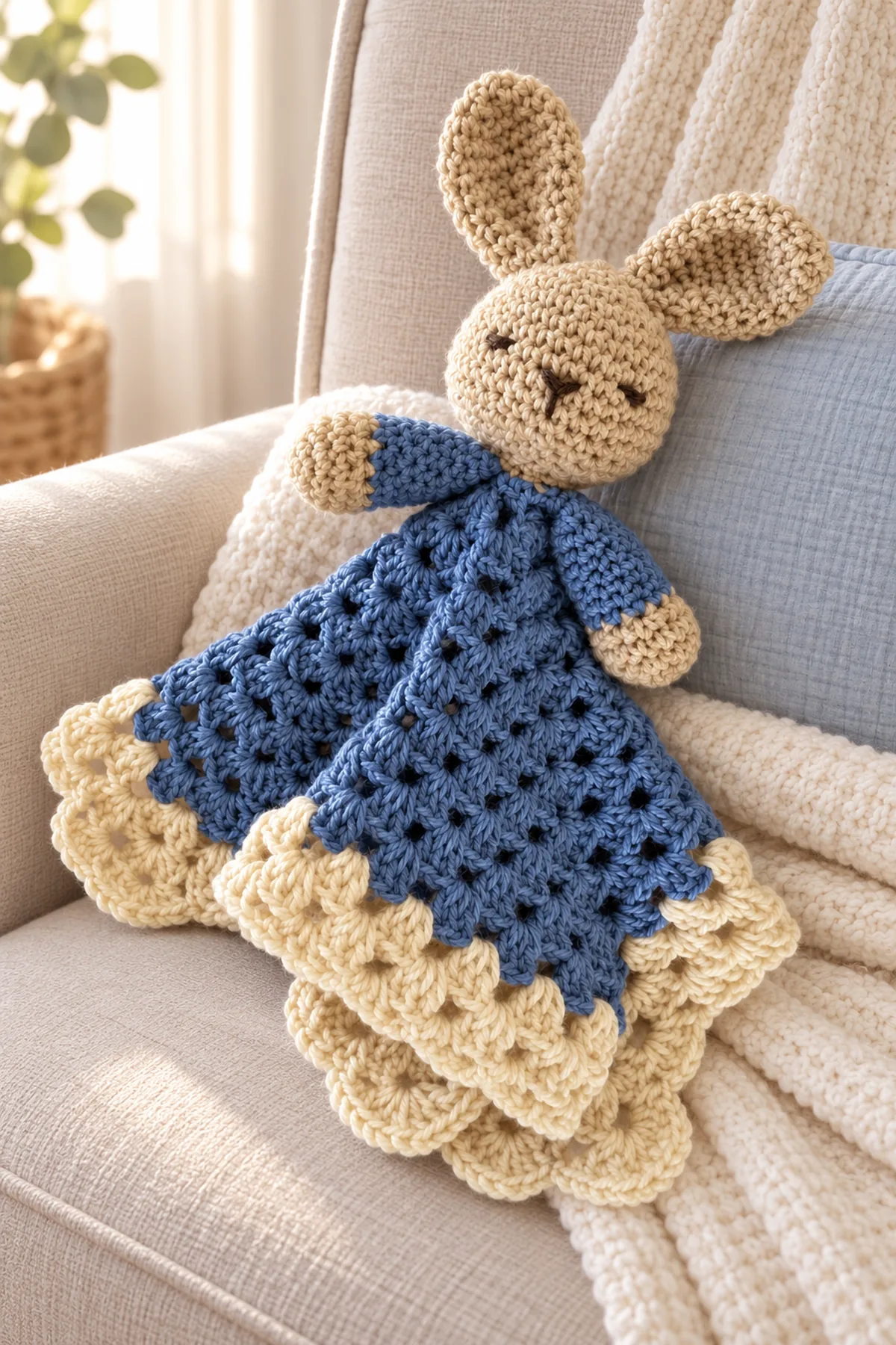 Finished blue cluster bunny puppet lovey – free crochet pattern in a softly lit neutral setting