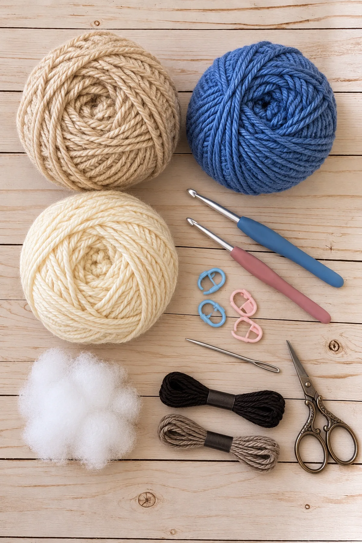 Yarn, hook, markers and tools for blue cluster bunny puppet lovey – free crochet pattern