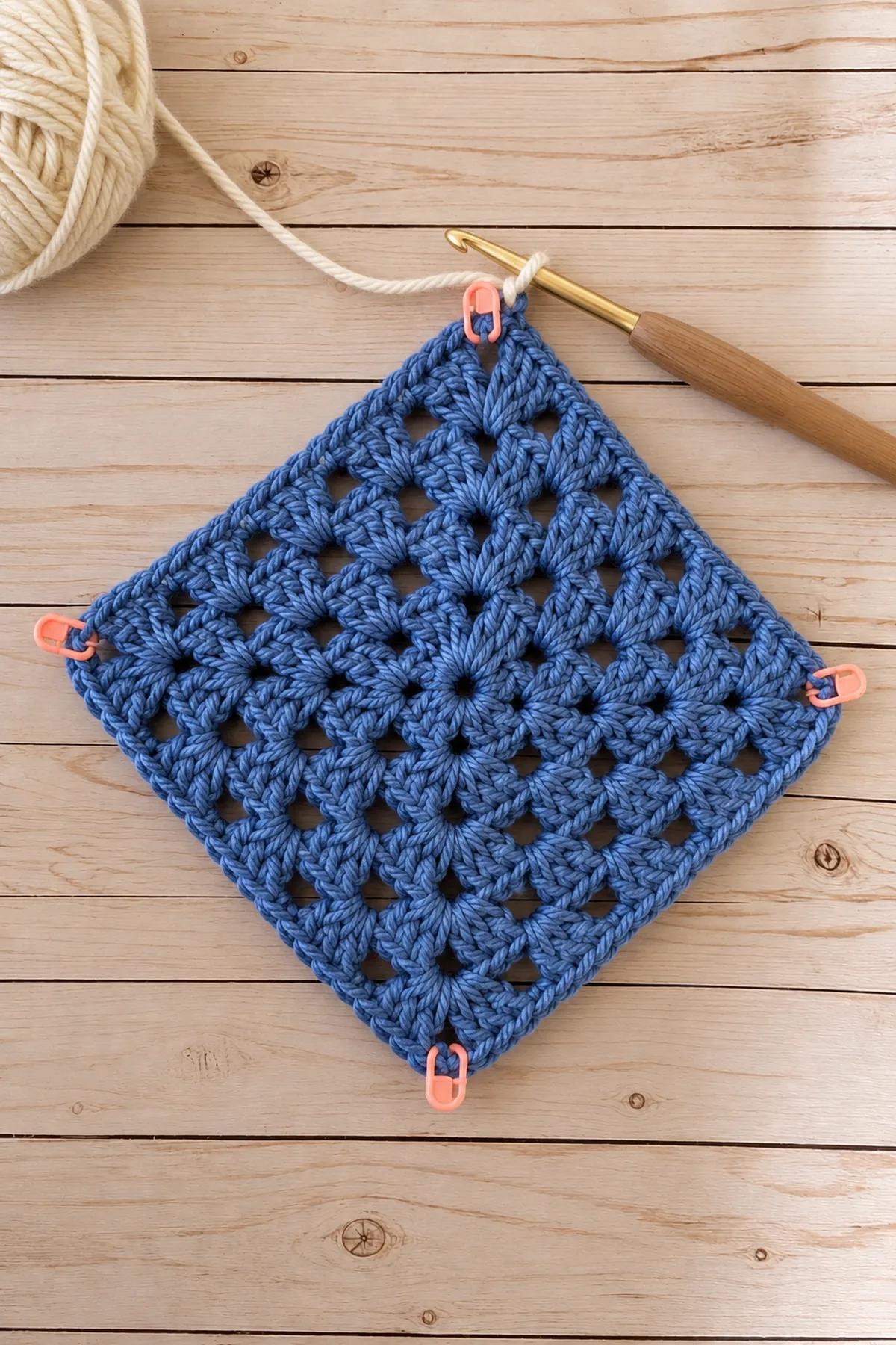 Early construction stage of blue cluster bunny puppet lovey – free crochet pattern