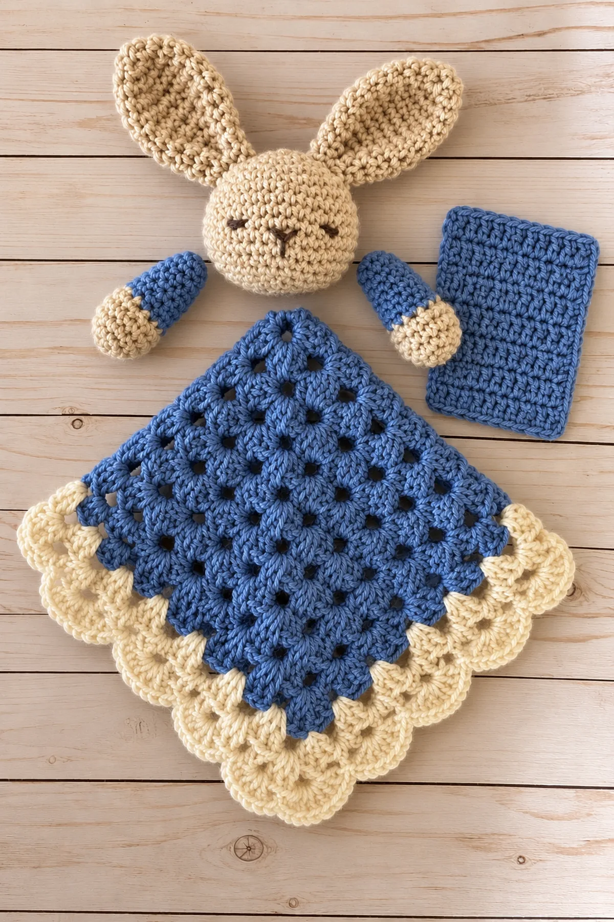 Shaping and assembly stage of blue cluster bunny puppet lovey – free crochet pattern
