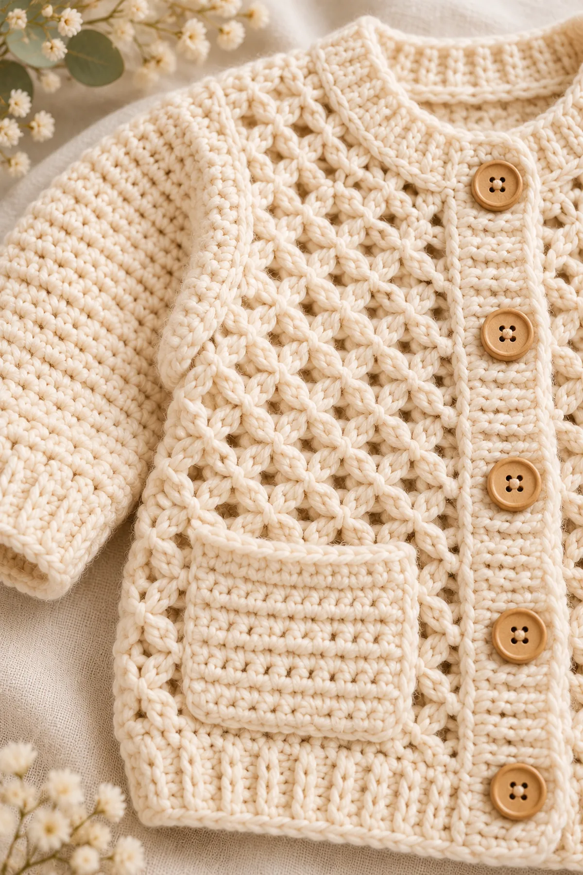 Close view of stitches and finishing on crochet crossed-post pocket baby jacket