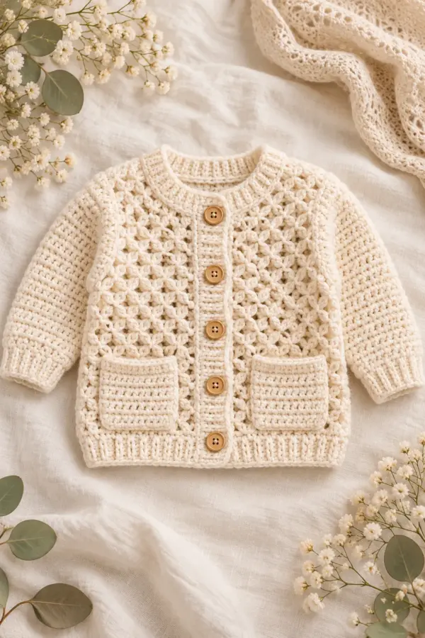 Cream crochet baby cardigan with crossed-post lattice fronts and two envelope pockets