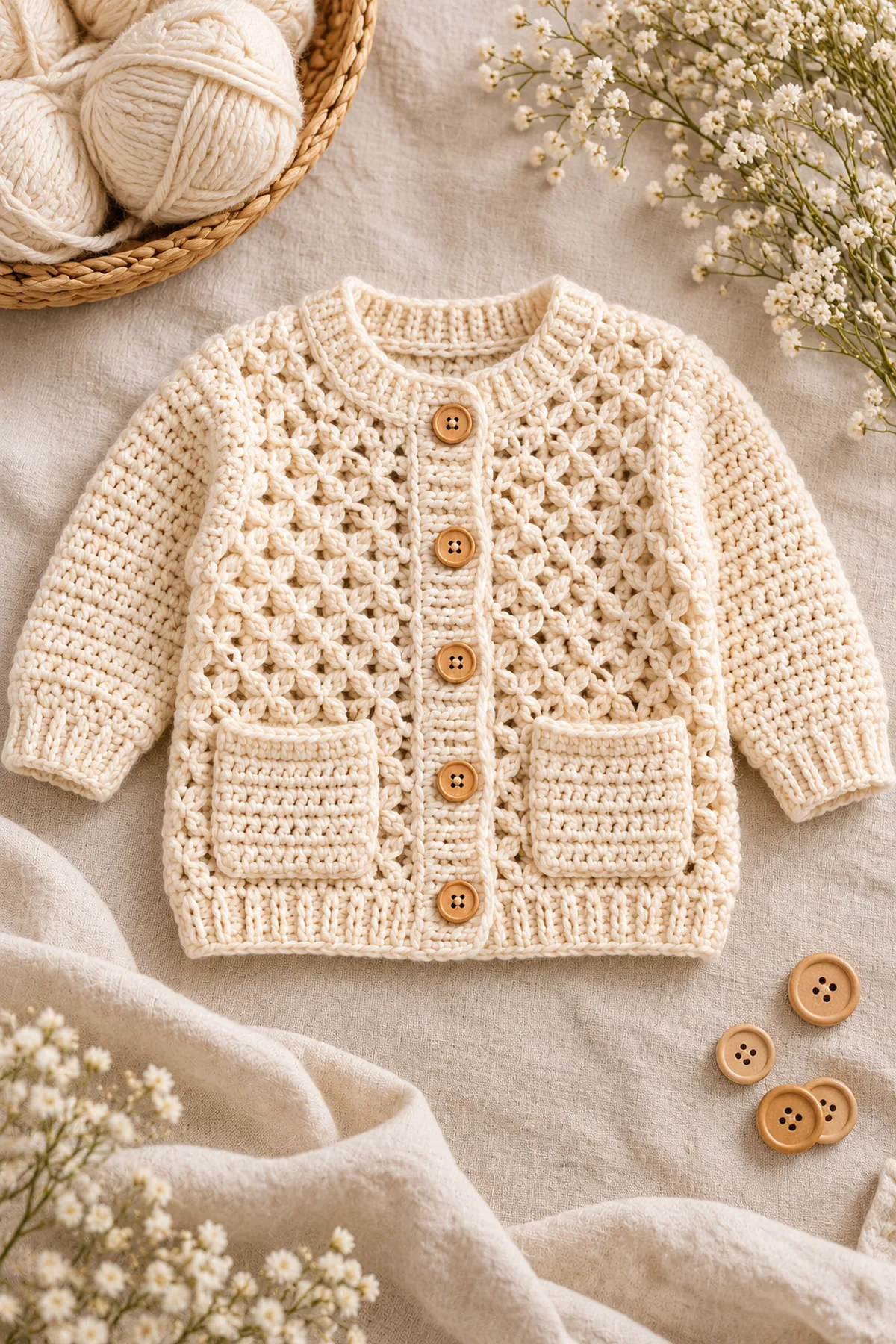 Finished crochet crossed-post pocket baby jacket in a softly lit neutral setting