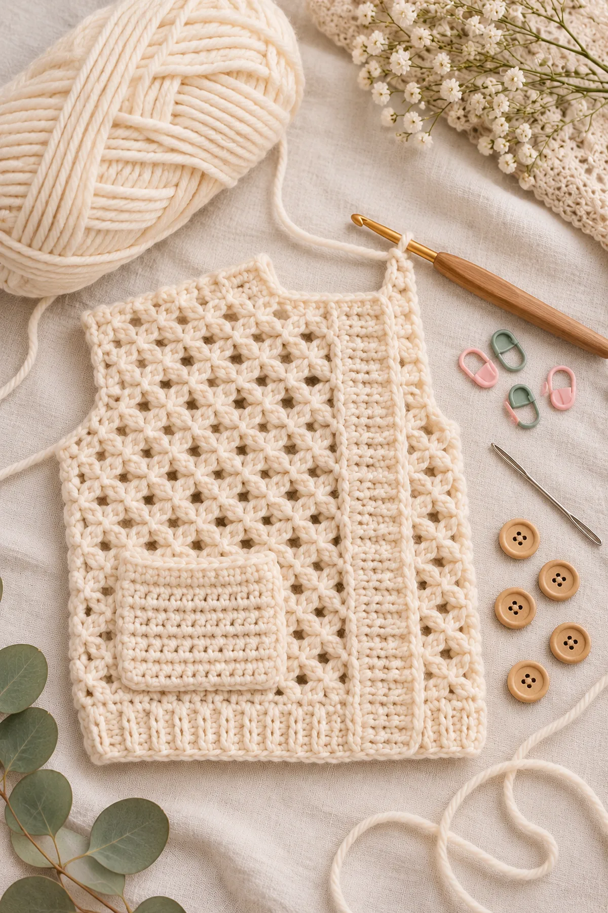 Yarn, hook, markers and tools for crochet crossed-post pocket baby jacket