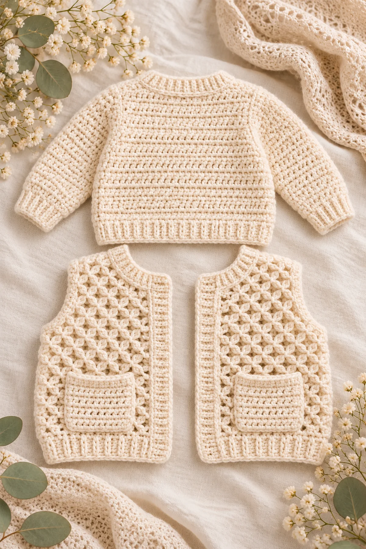 Early construction stage of crochet crossed-post pocket baby jacket
