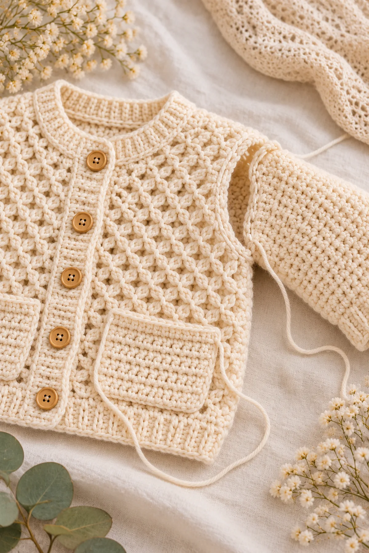 Shaping and assembly stage of crochet crossed-post pocket baby jacket
