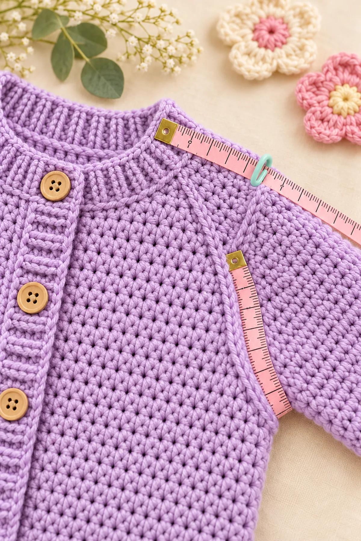 Close view of stitches and finishing on crochet baby cardigan & pullover sizing chart (0–24 months)