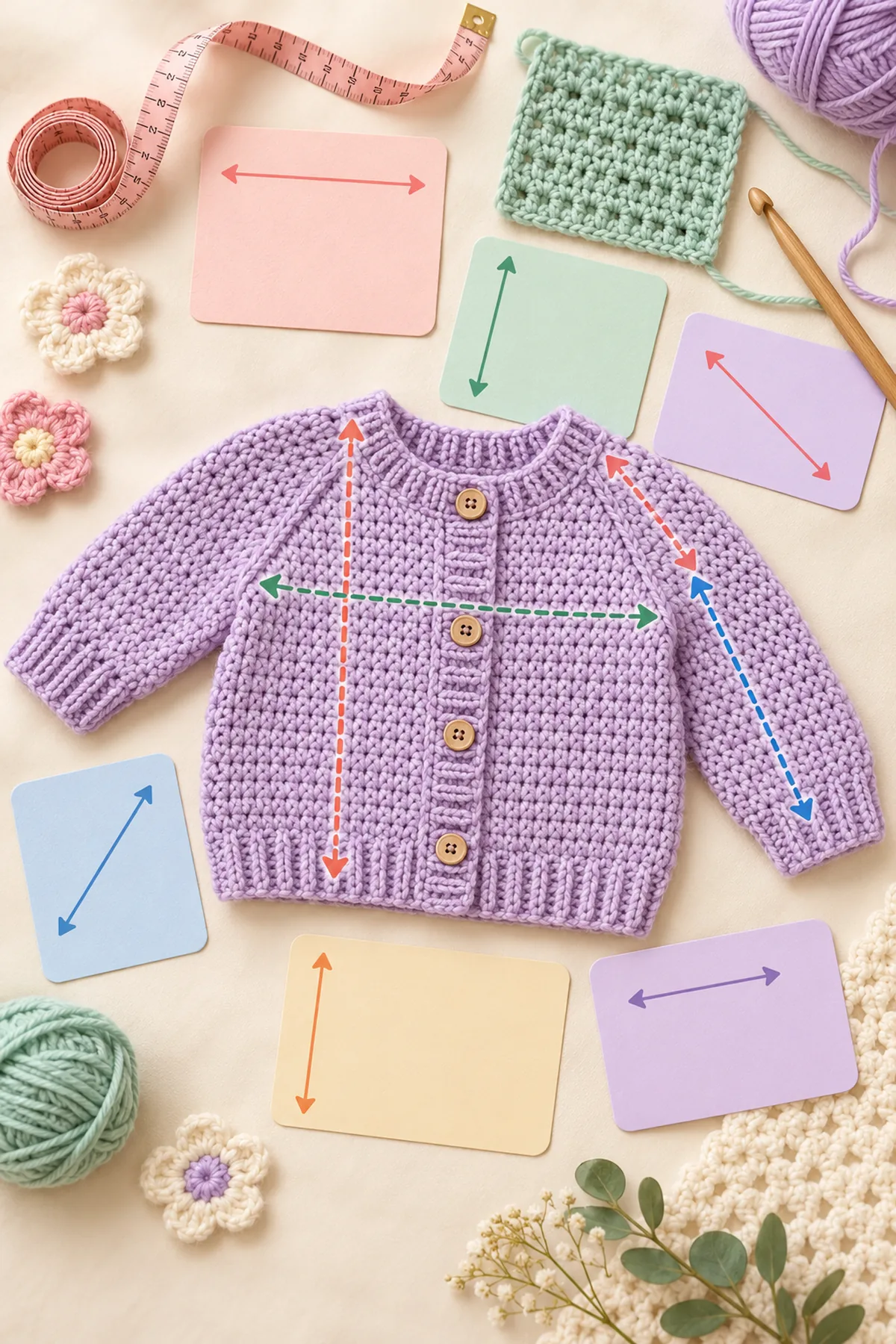Crochet baby cardigan and pullover sizing reference with pastel measurement chart and a lilac crochet cardigan