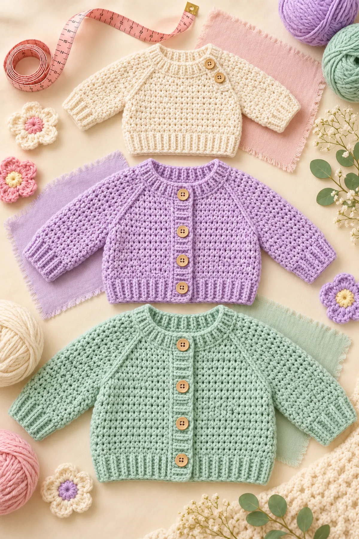 Finished crochet baby cardigan & pullover sizing chart (0–24 months) in a softly lit neutral setting