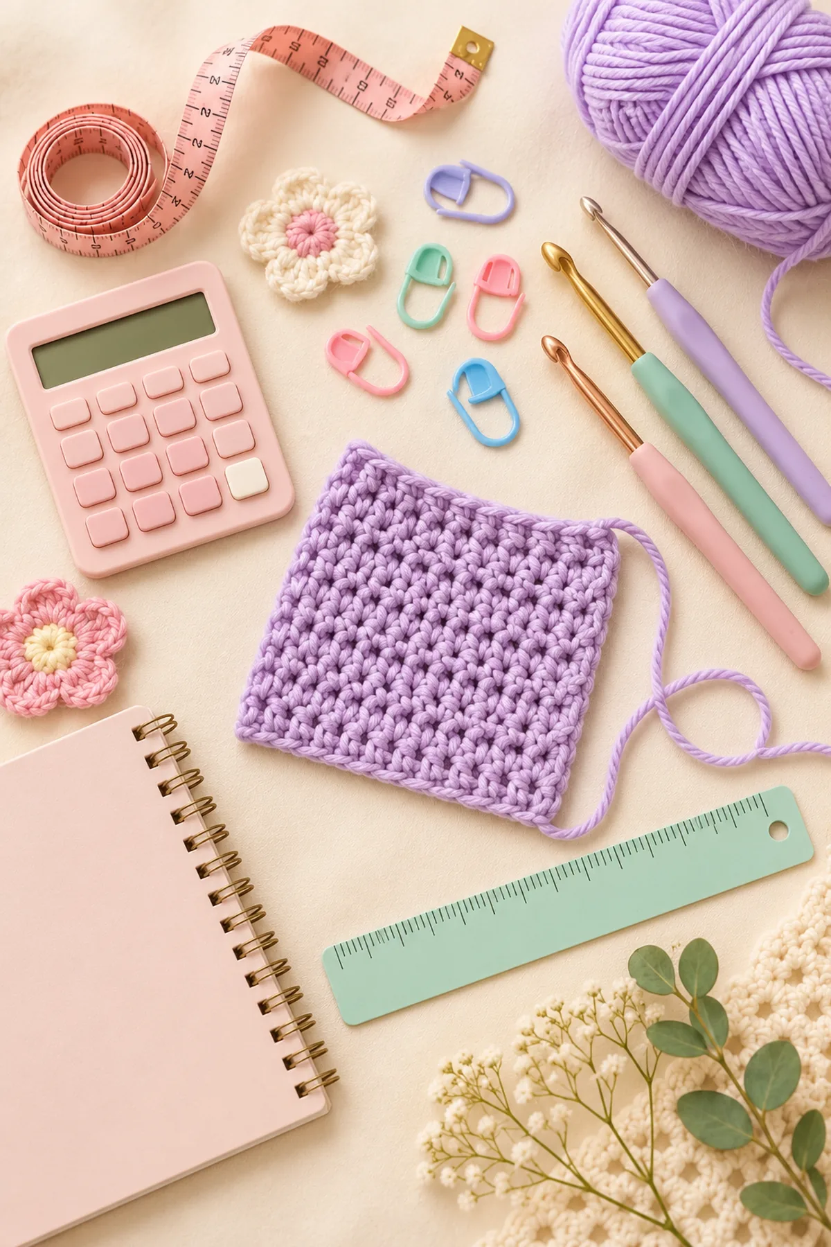 Yarn, hook, markers and tools for crochet baby cardigan & pullover sizing chart (0–24 months)