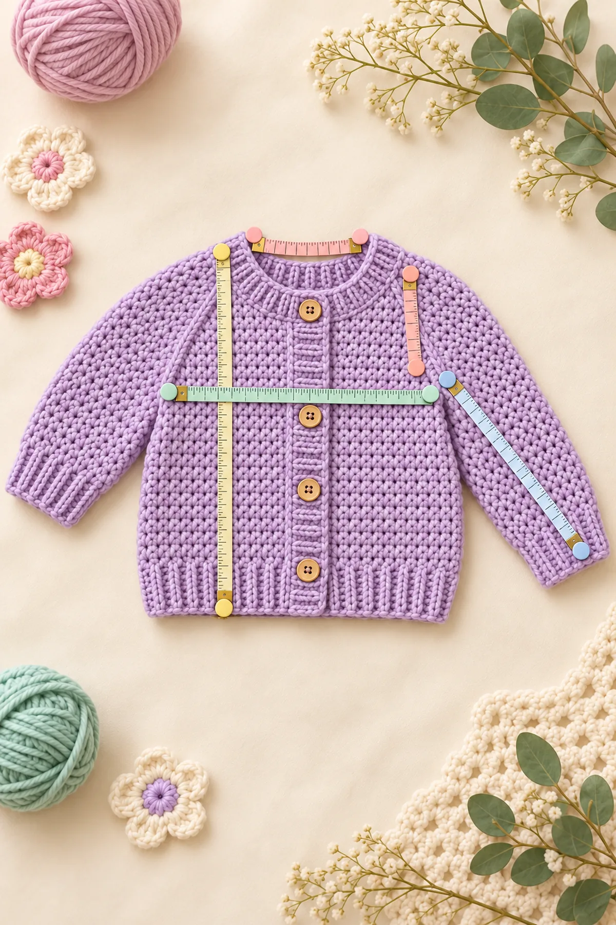 Shaping and assembly stage of crochet baby cardigan & pullover sizing chart (0–24 months)