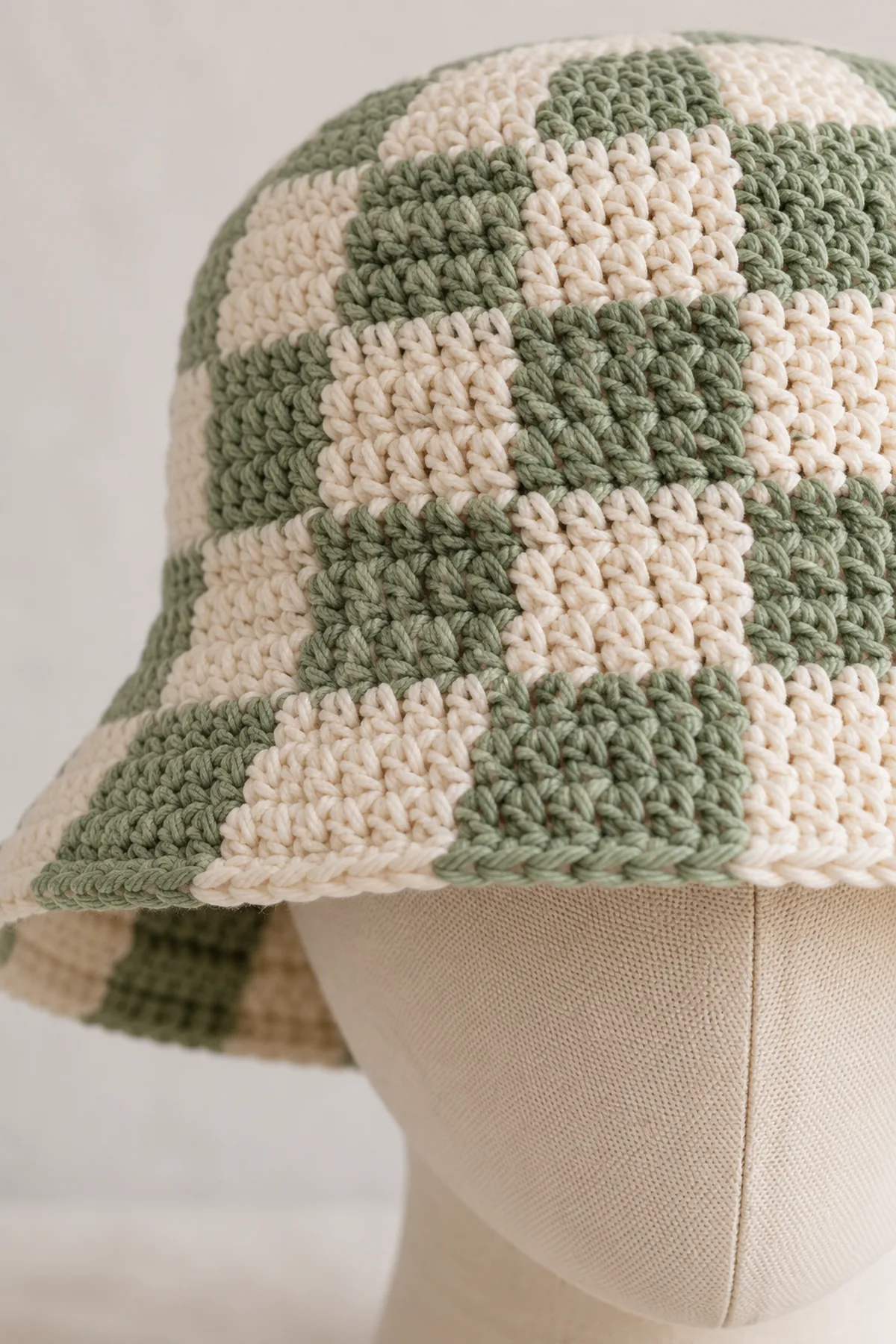 Close-up of four-stitch cream and sage checker tiles crossing the bucket hat crown into its straight wall, with back-loop hinge and soft downward brim edge clearly visible.