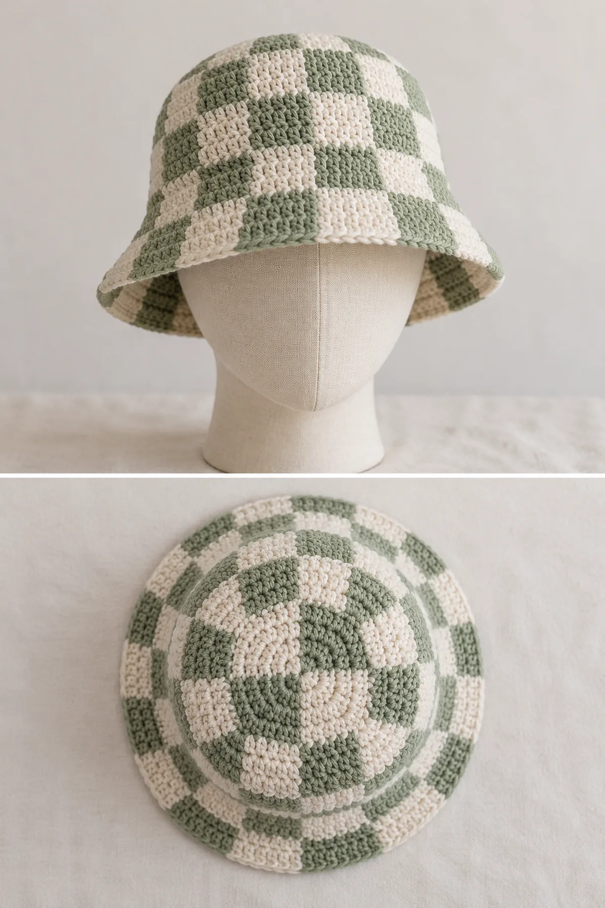 Original cream and sage checkerboard crochet baby bucket hat on a neutral mannequin form and one overhead view, four-stitch woven color tiles over rounded crown and straight wall, neat soft downward brim, no chin ties, buttons or pom-pom.