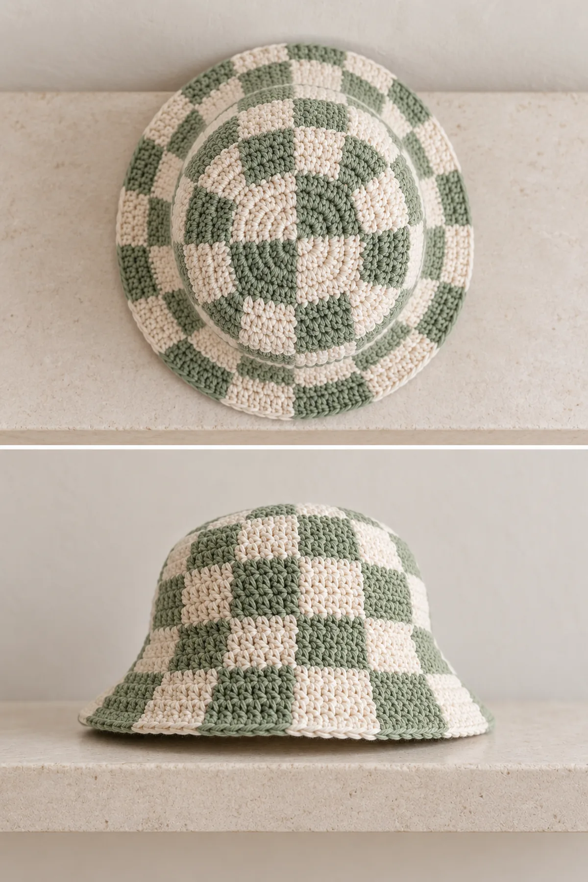 Same cream-and-sage checkerboard crochet toddler bucket hat resting on a neutral shelf, overhead crown tiles and low side view of downward brim, no child or sun-protection badge.