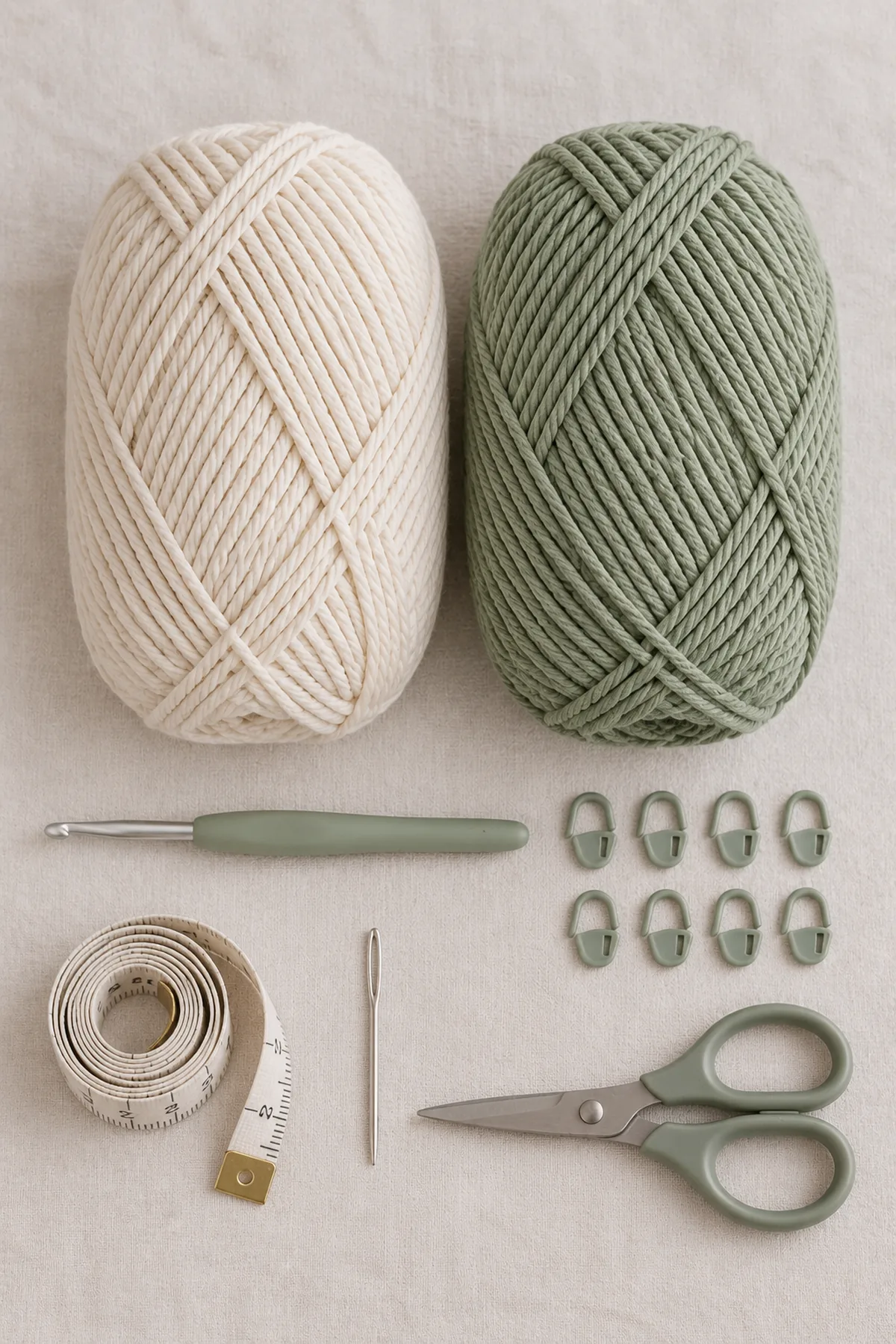 Cream and sage cotton DK yarn, 4 mm crochet hook, eight markers, measuring tape, blunt needle and scissors on pale linen; no finished hat.