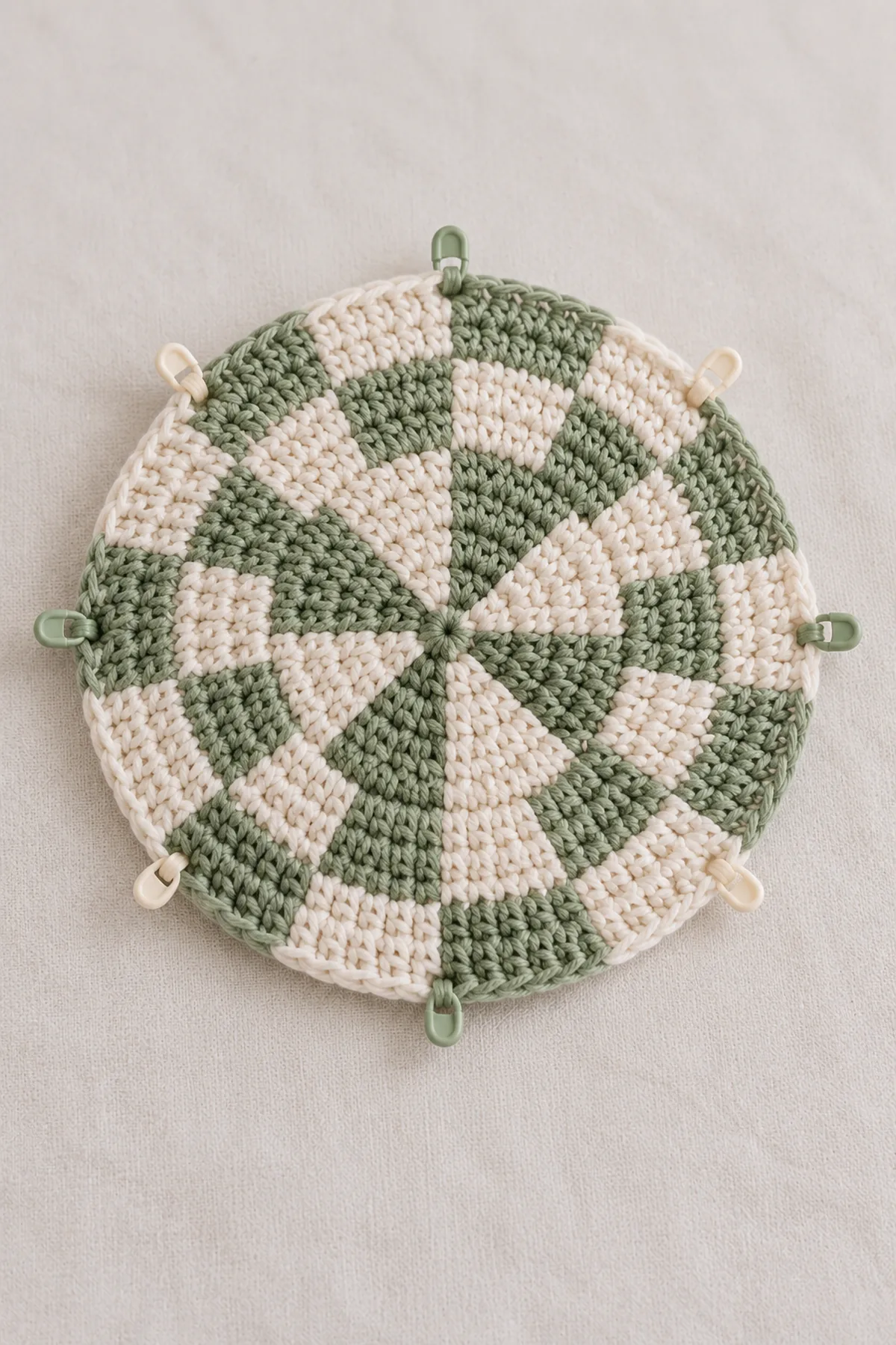 Early circular cream-and-sage crochet bucket hat crown worked in counted eight-segment hdc increases, four-stitch checker color blocks and eight markers visible, no side wall or brim yet.