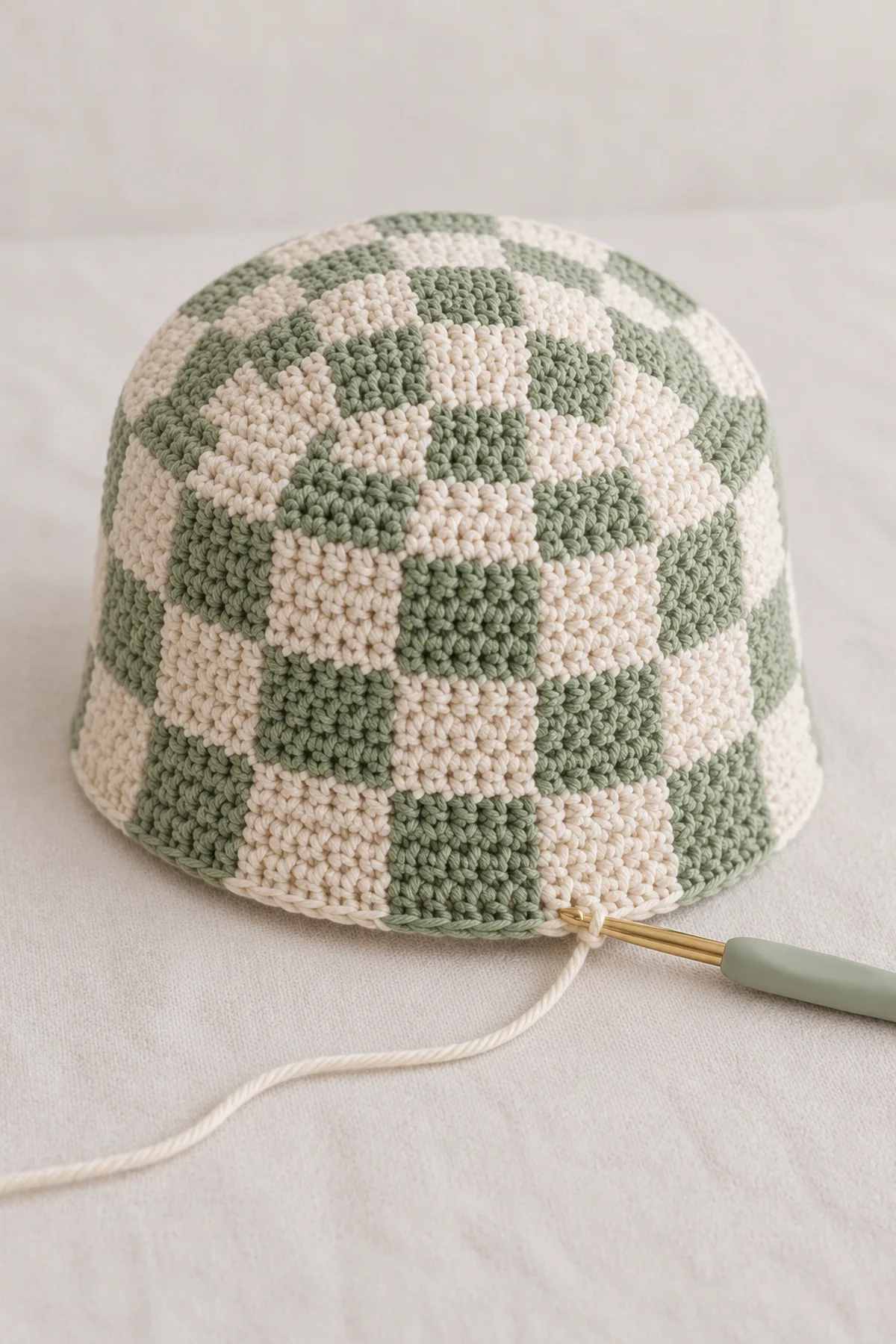 Cream-and-sage checked bucket hat with completed round top and straight side wall, working hook at lower edge, brim not yet added; inner carried color safely enclosed.