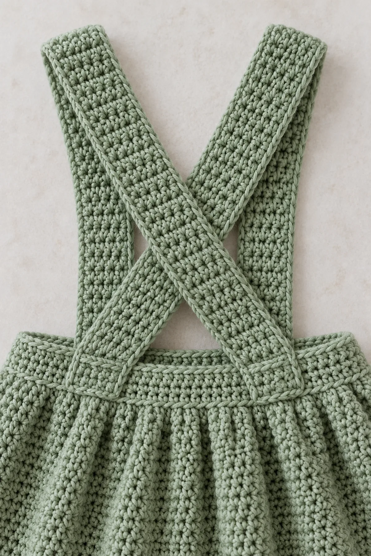 Macro of two broad sage crochet straps crossing at the back and securely sewn to opposite rear waistband points, clear stitch texture and no loose tails.