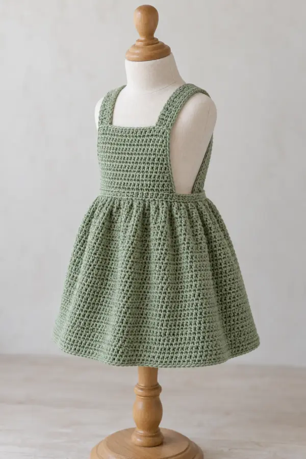 One original sage DK cotton crochet baby pinafore dress on a small neutral dress form: gathered A-line skirt, straight square front bib, two broad fixed straps crossing at the back. Show front and partial back in one three-quarter view. No buttons, sleeves, flowers or booties.