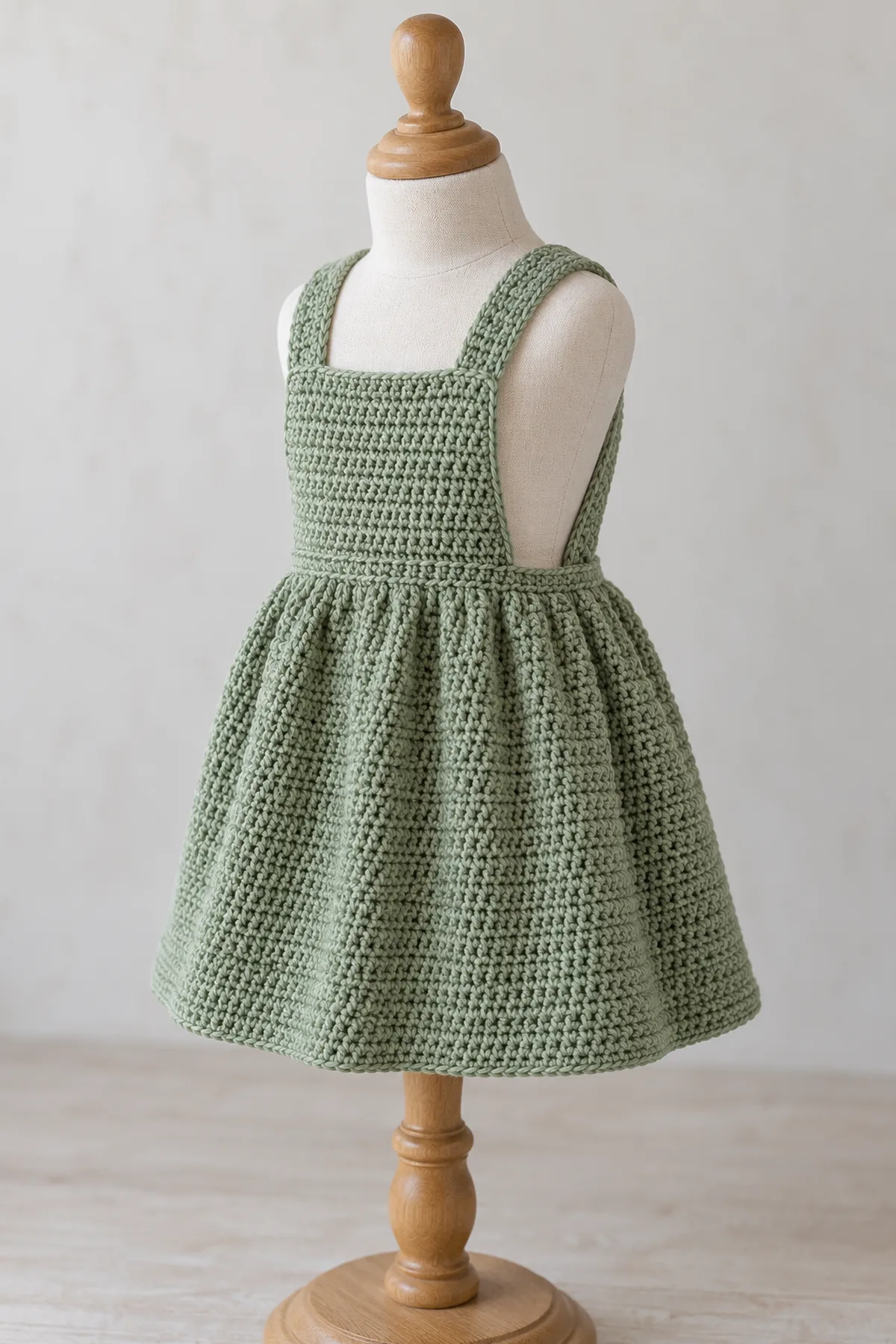 One original sage DK cotton crochet baby pinafore dress on a small neutral dress form: gathered A-line skirt, straight square front bib, two broad fixed straps crossing at the back. Show front and partial back in one three-quarter view. No buttons, sleeves, flowers or booties.