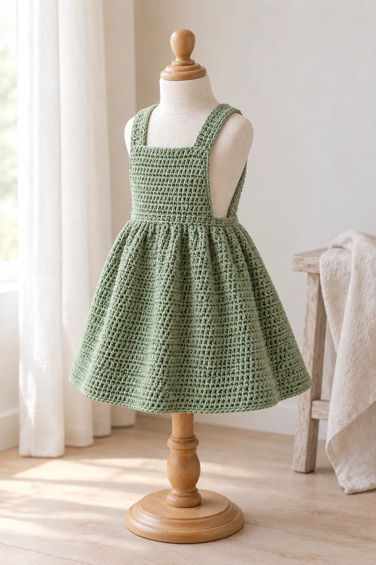 Same sage crochet baby cross-back pinafore displayed on a child-size mannequin beside pale linen, entire A-line skirt and square bib visible, no baby or accessories.