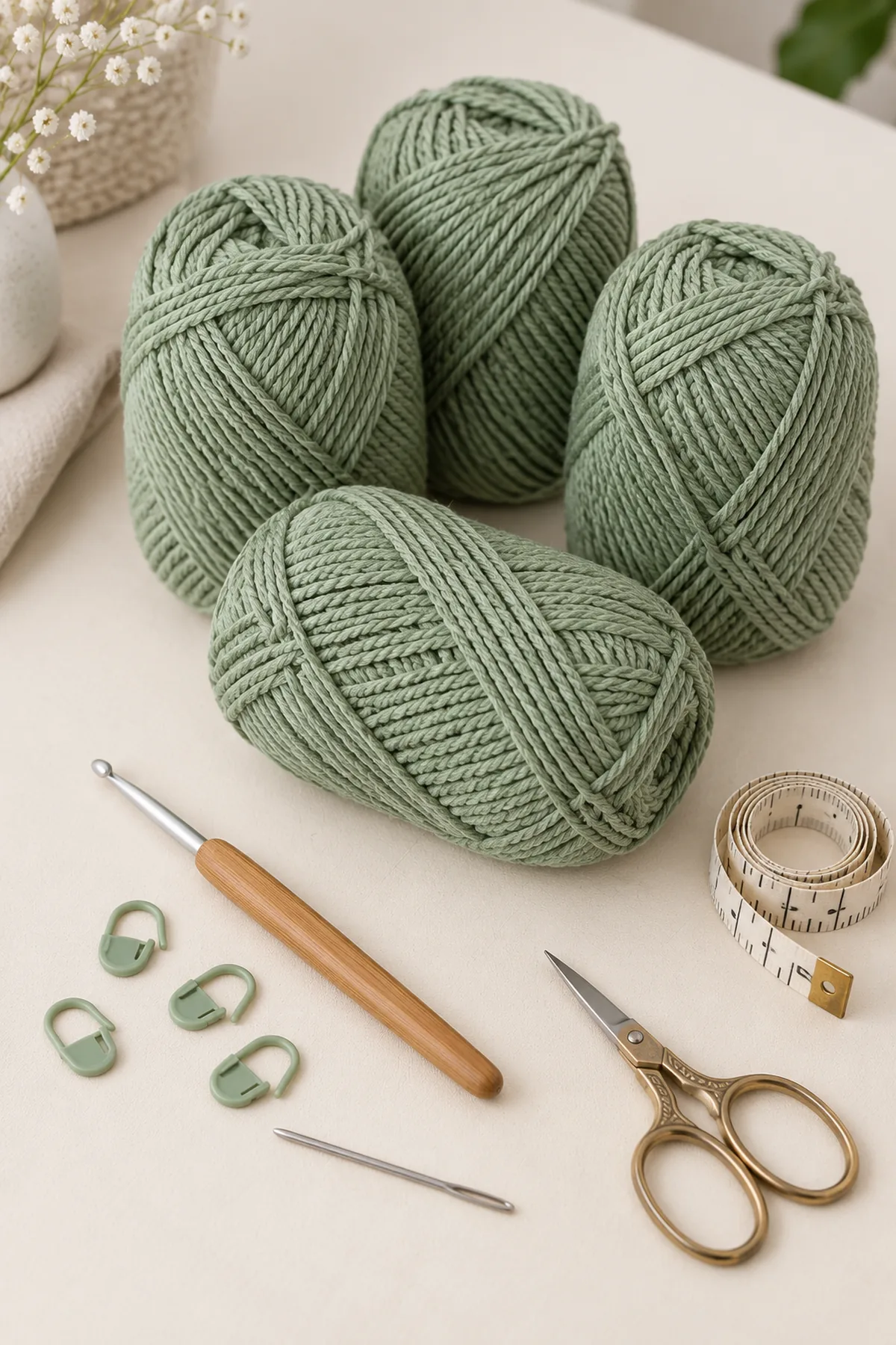 Sage DK cotton yarn, 4 mm hook, locking markers, tape measure, yarn needle and scissors on a cream table; no finished garment.
