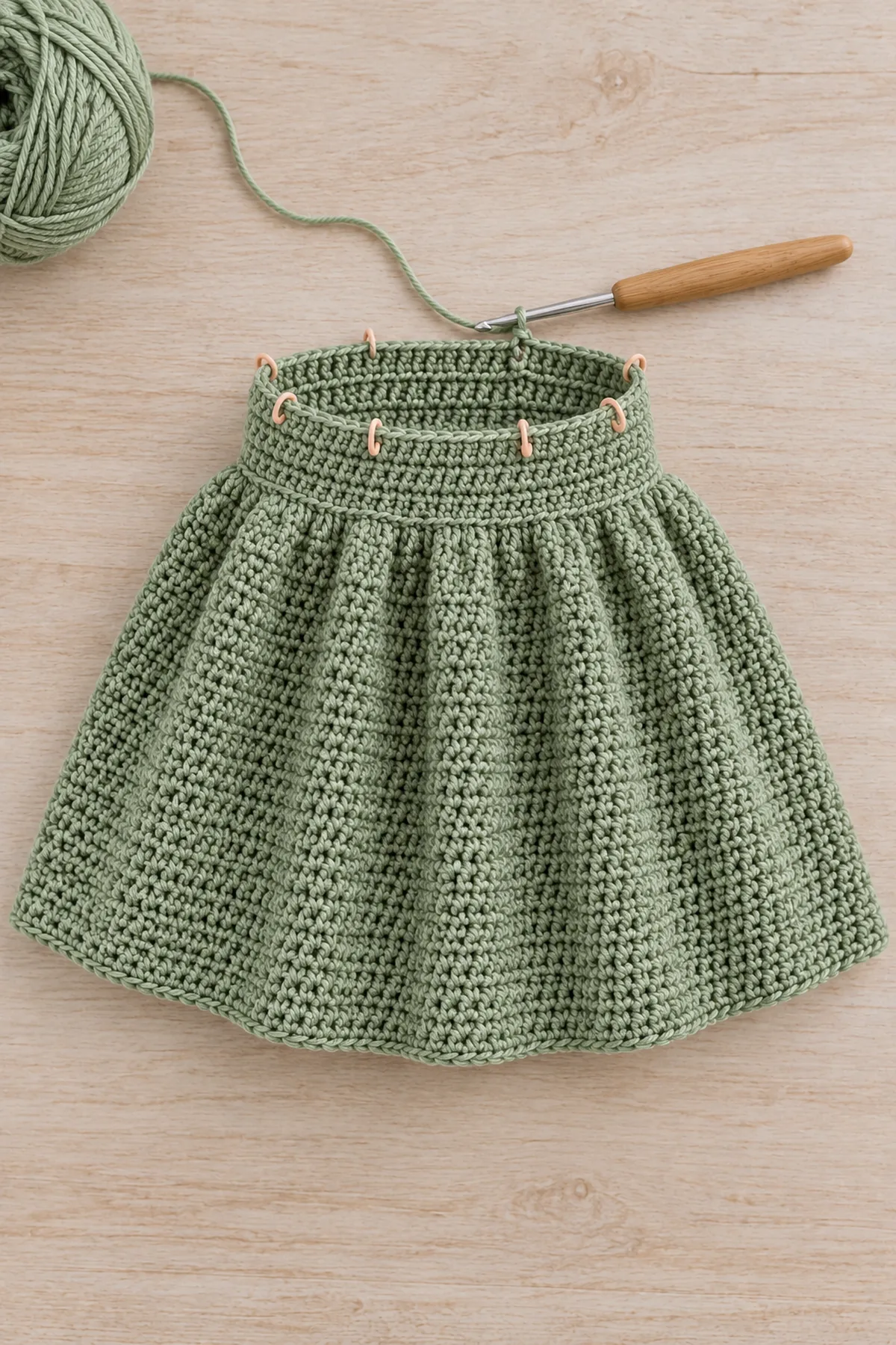 Unfinished sage circular crochet waistband and upper skirt in joined hdc rounds, visibly starting to flare after eight marked increases, working hook attached; no bib or straps.