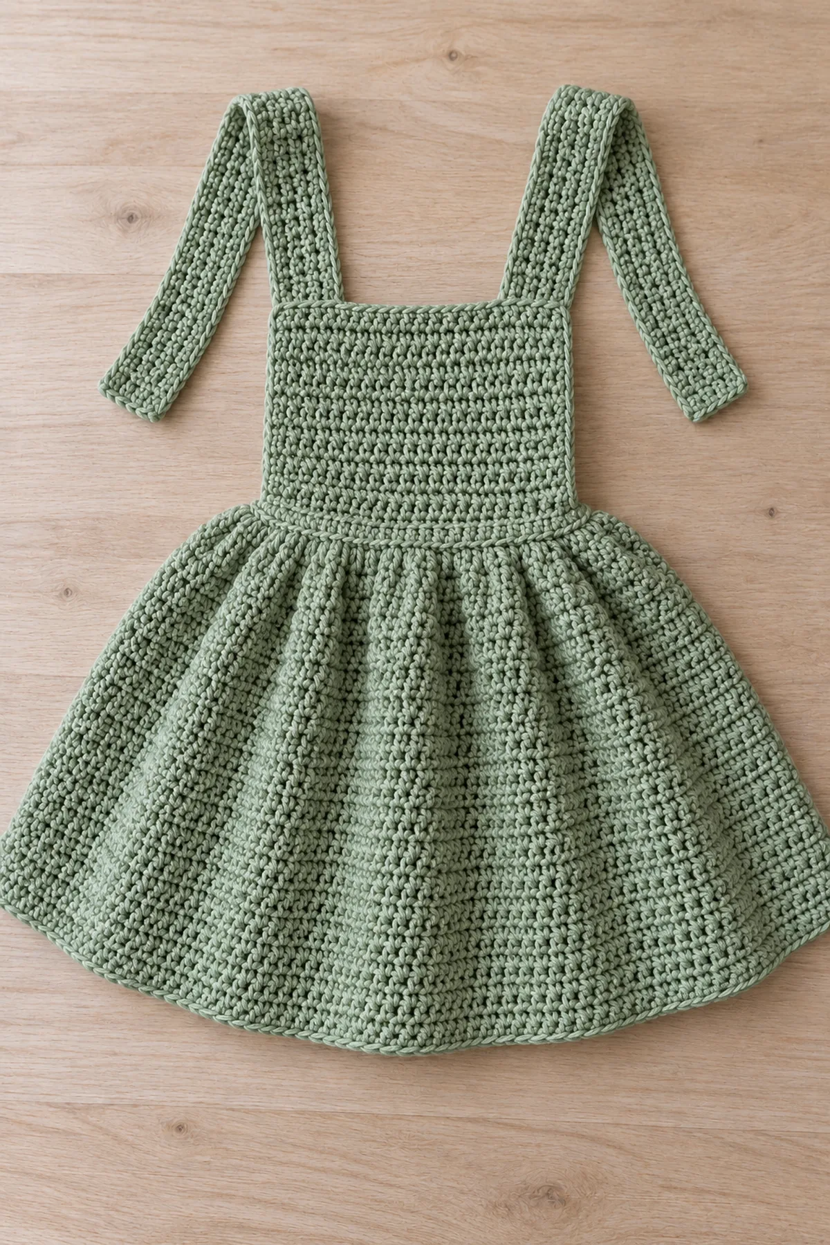 Flat sage front bib rising from center of crocheted circular A-line skirt, two separate six-stitch straps still unsewn and laid behind; no buttons or decorative applique.