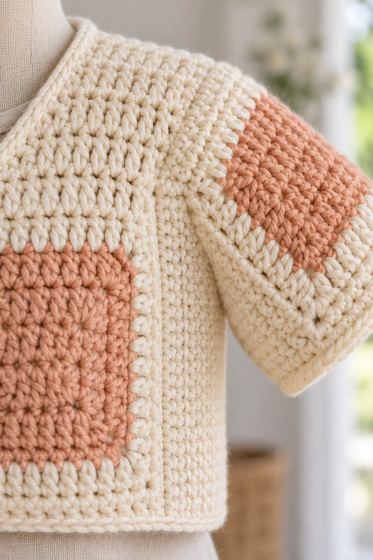 Close macro of clean seam joining solid granny square sleeve to narrow plain crochet underarm panel, with soft cream and muted peach yarn texture, no fasteners.