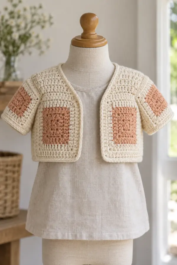 One original cream-and-muted-peach crochet toddler cropped open-front bolero on small dress form: four large solid granny squares in body, short sleeves each with a solid square and narrow plain underarm panel, visible granny motif seams. No buttons, peplum, hood or booties.