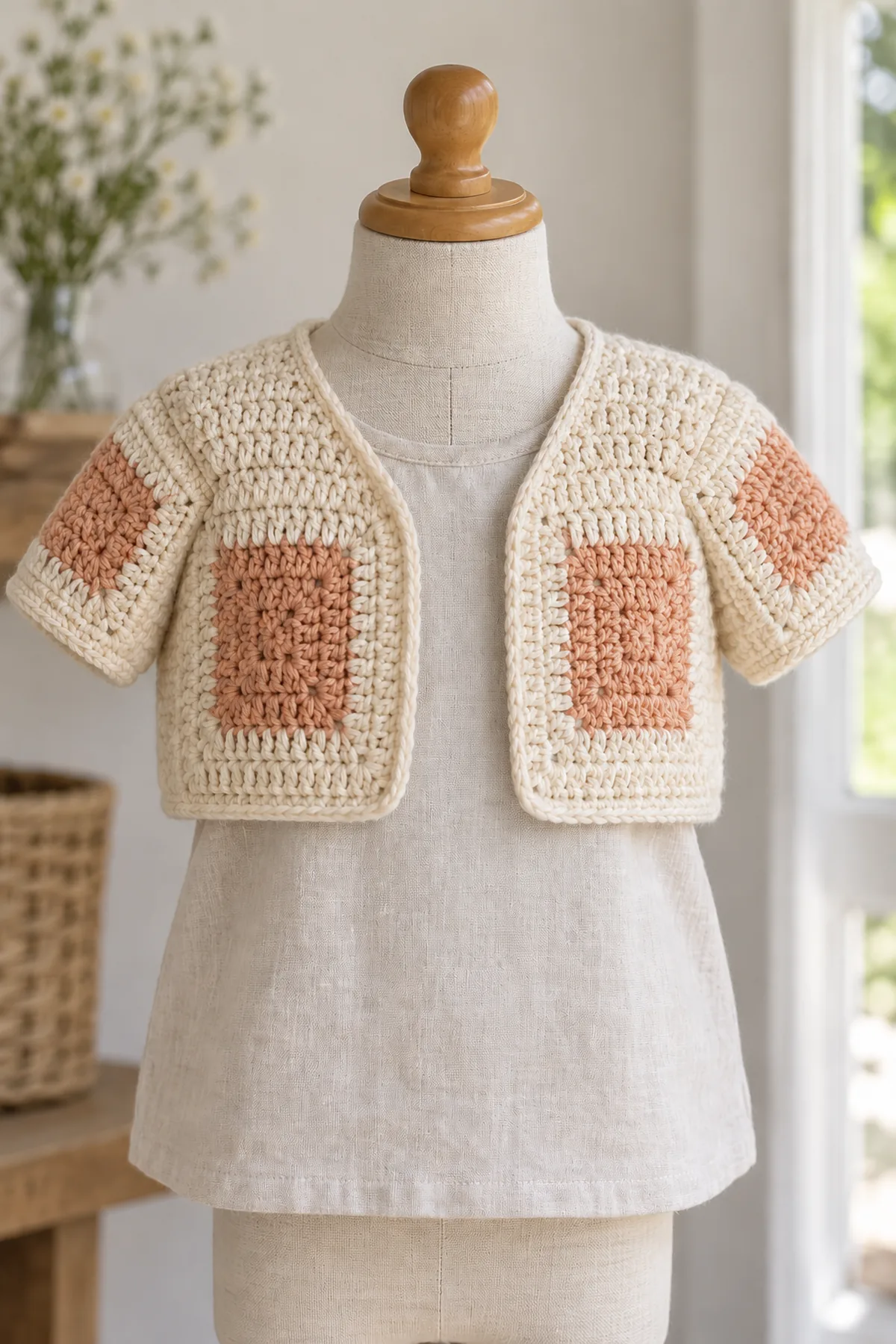 Same cream-and-muted-peach solid granny square toddler bolero on child-size neutral dress form over plain linen top, cropped open front and both short sleeves fully visible, no child.