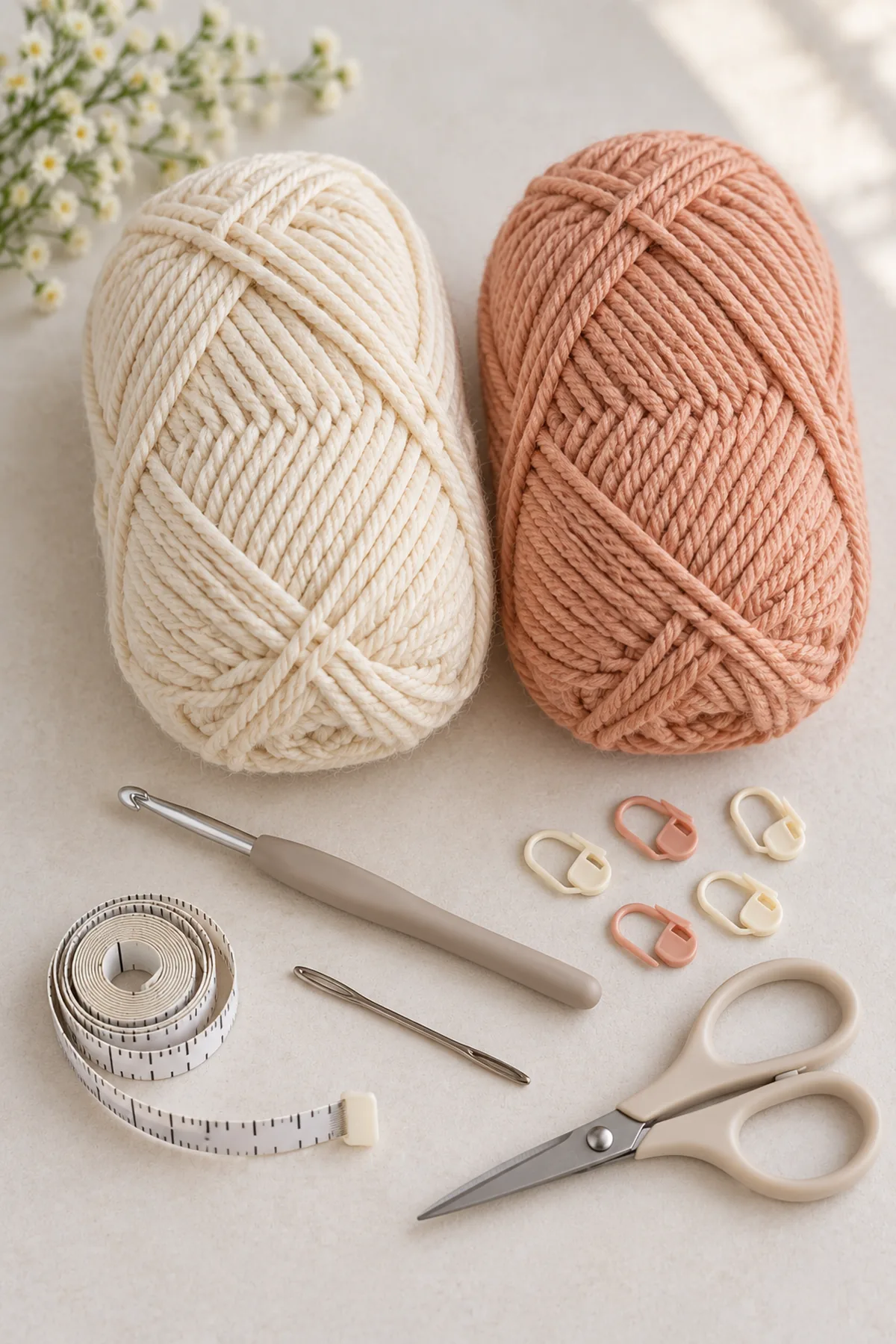 Cream and muted peach washable worsted yarn, 5 mm crochet hook, stitch markers, measuring tape, blunt needle and scissors on pale tabletop; no finished bolero.