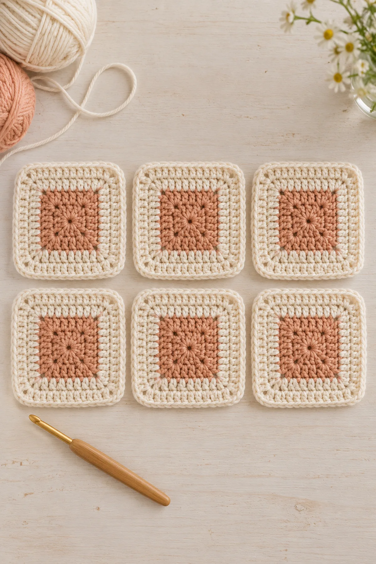 Six matching flat cream-and-peach solid granny crochet squares laid separately in two rows on pale surface, each five rounds with nineteen dc positions per side; no sewn garment, hook beside one square.